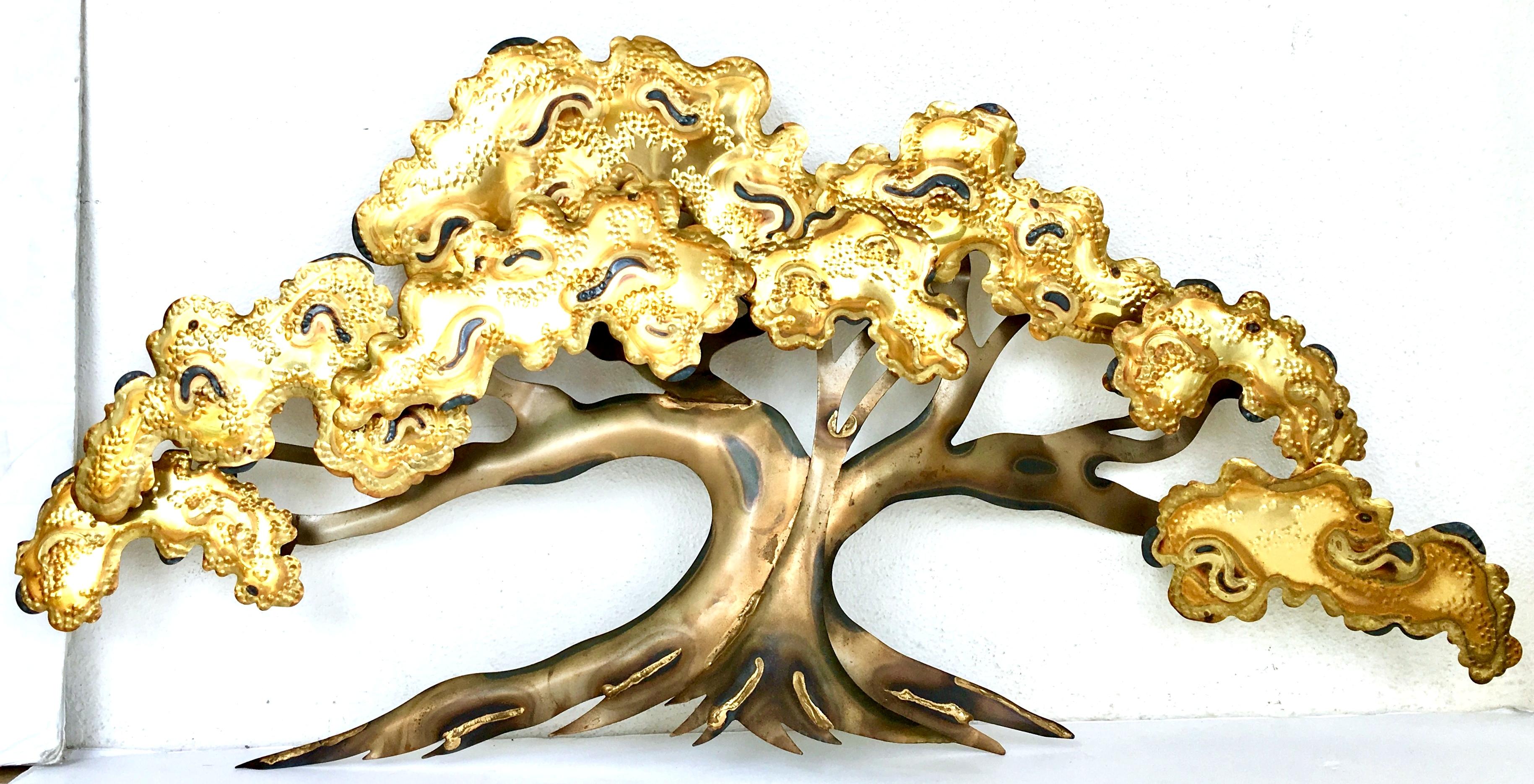 Mid-Century Brutalist Curtis Jere style brass and copper tree wall mount sculpture. Fantastic 39