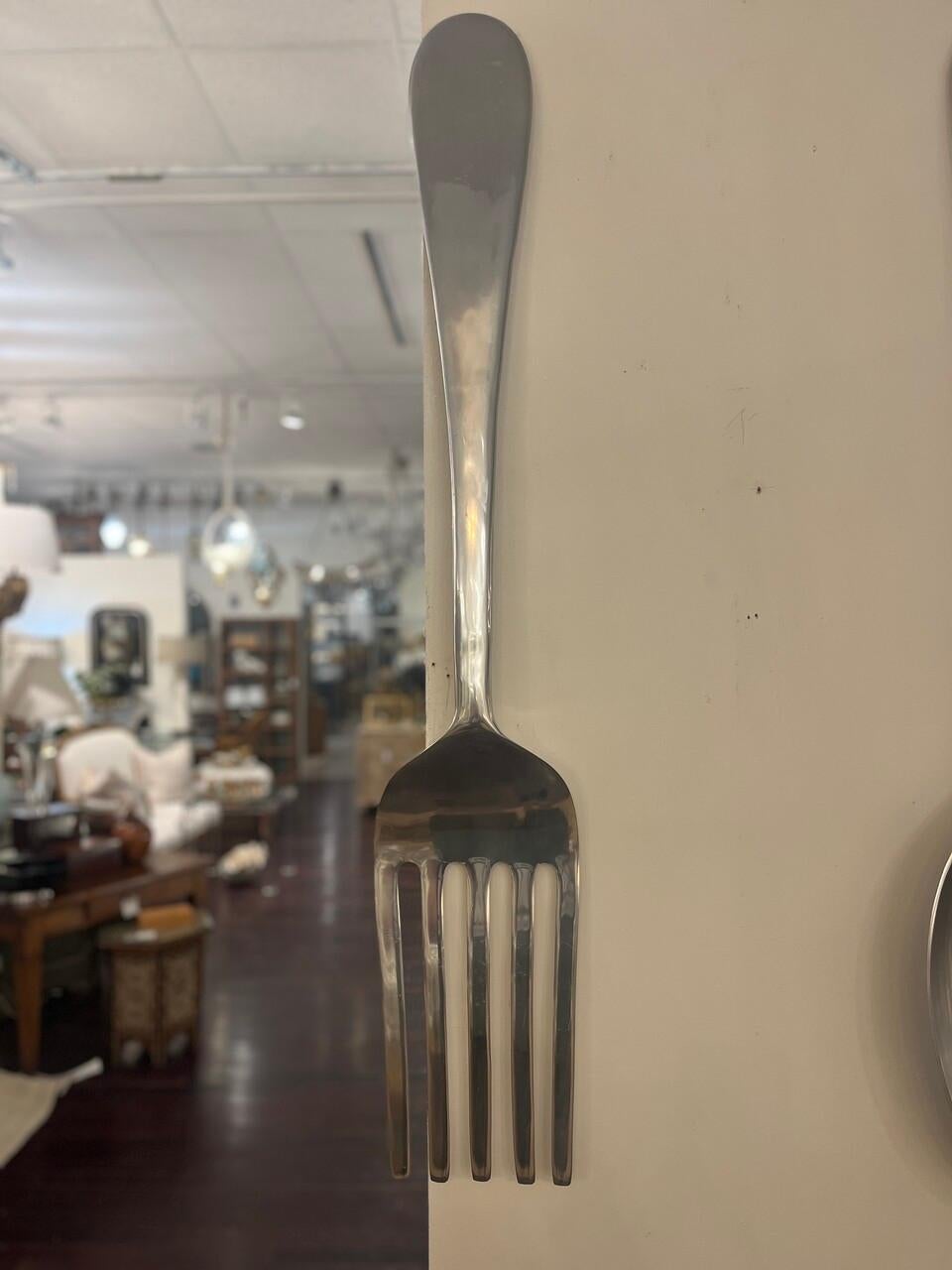 Mid Century C. Jere Fork and Spoon Sculpture. Great Pop Art Design from the 70's made of polished aluminum. Some light scratches. Can be hung horizontally or vertically.