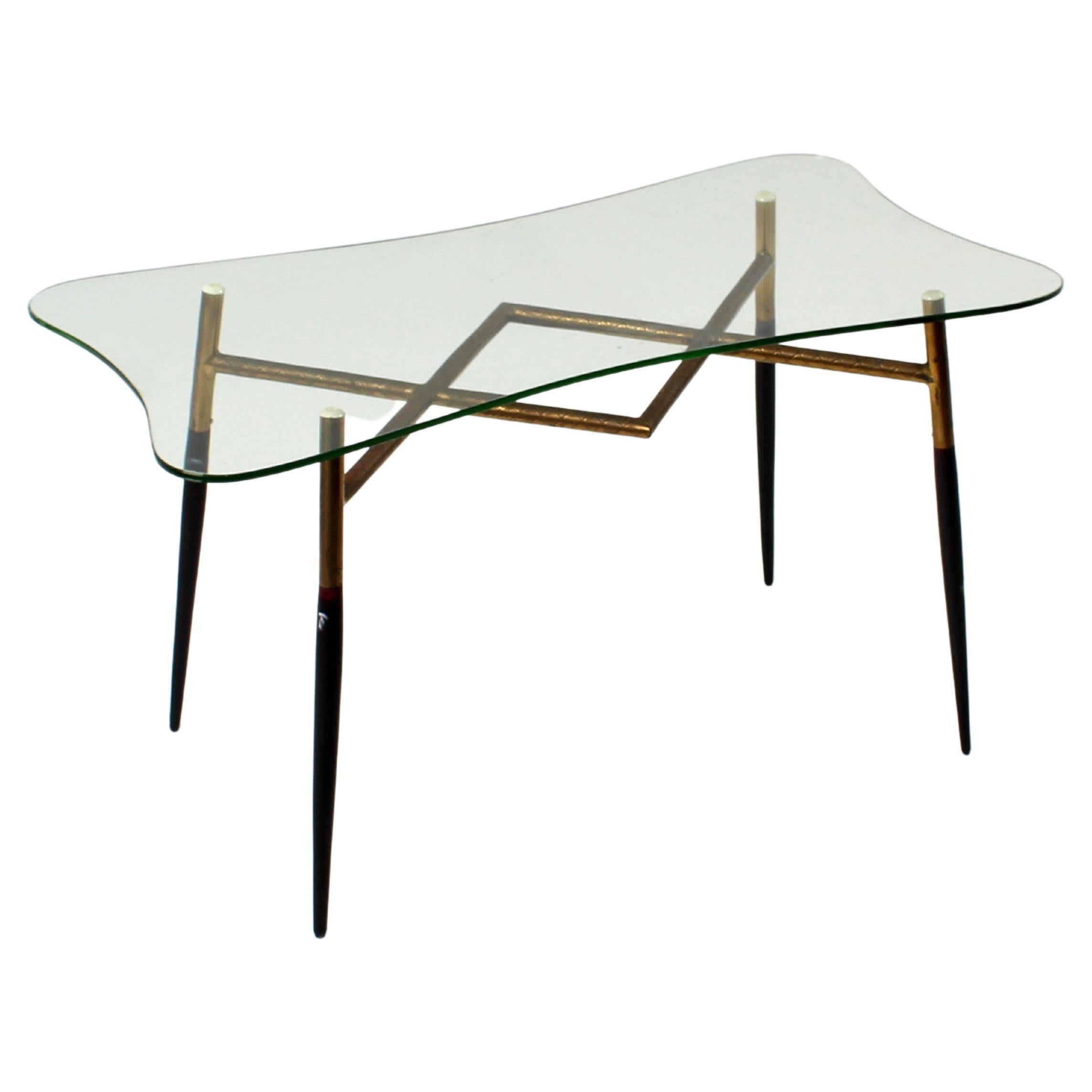 MidCentury C. Lacca Glass, Brass and Wood Coffee Table 50s, Italy For