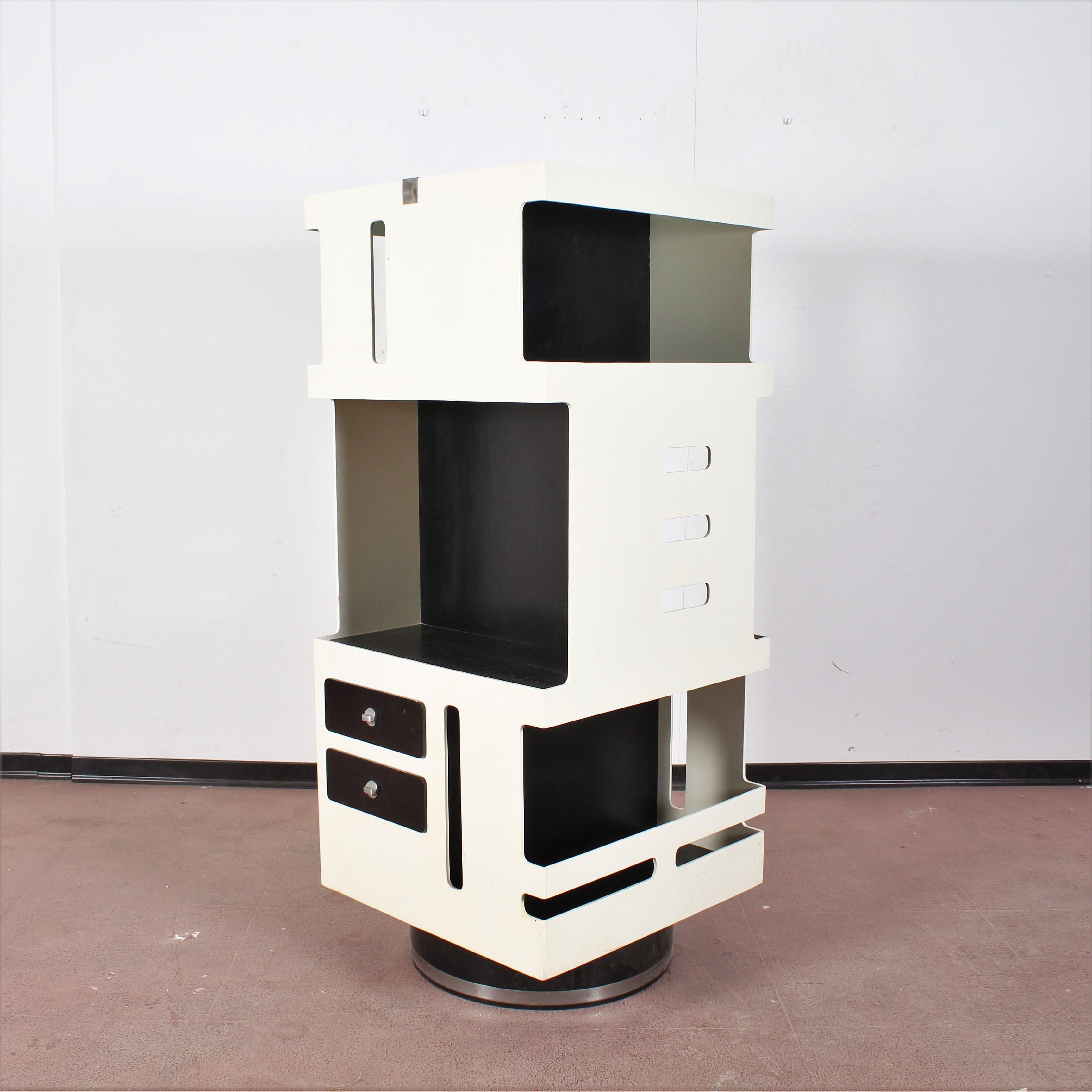 Italian J. Colombo Mid-century Black & White Wood Vertical Revolving Bookcase, 60s Italy