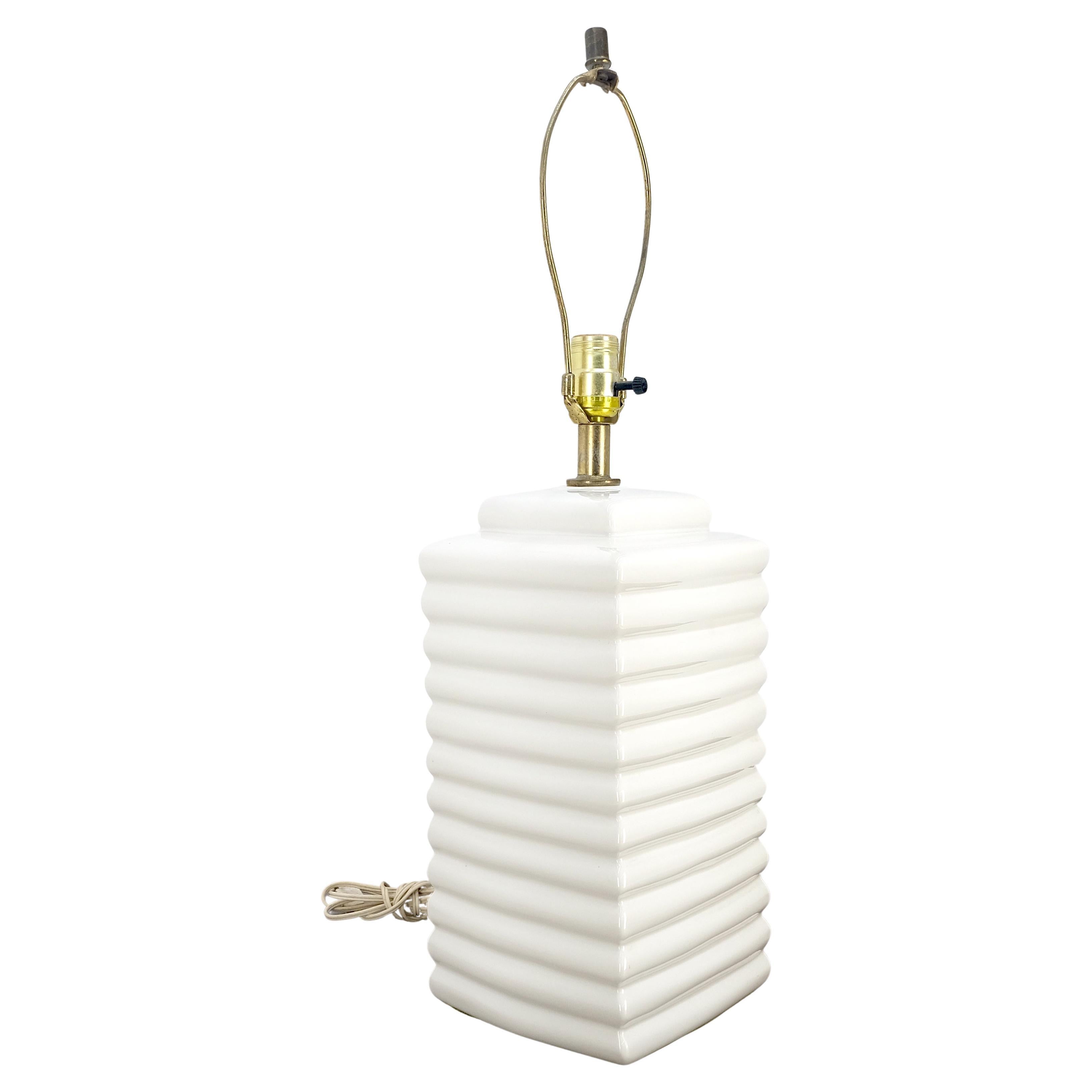 Mid Century c1970s 7x7" Square White Ceramic Ribbed Sides Table Lamp MINT