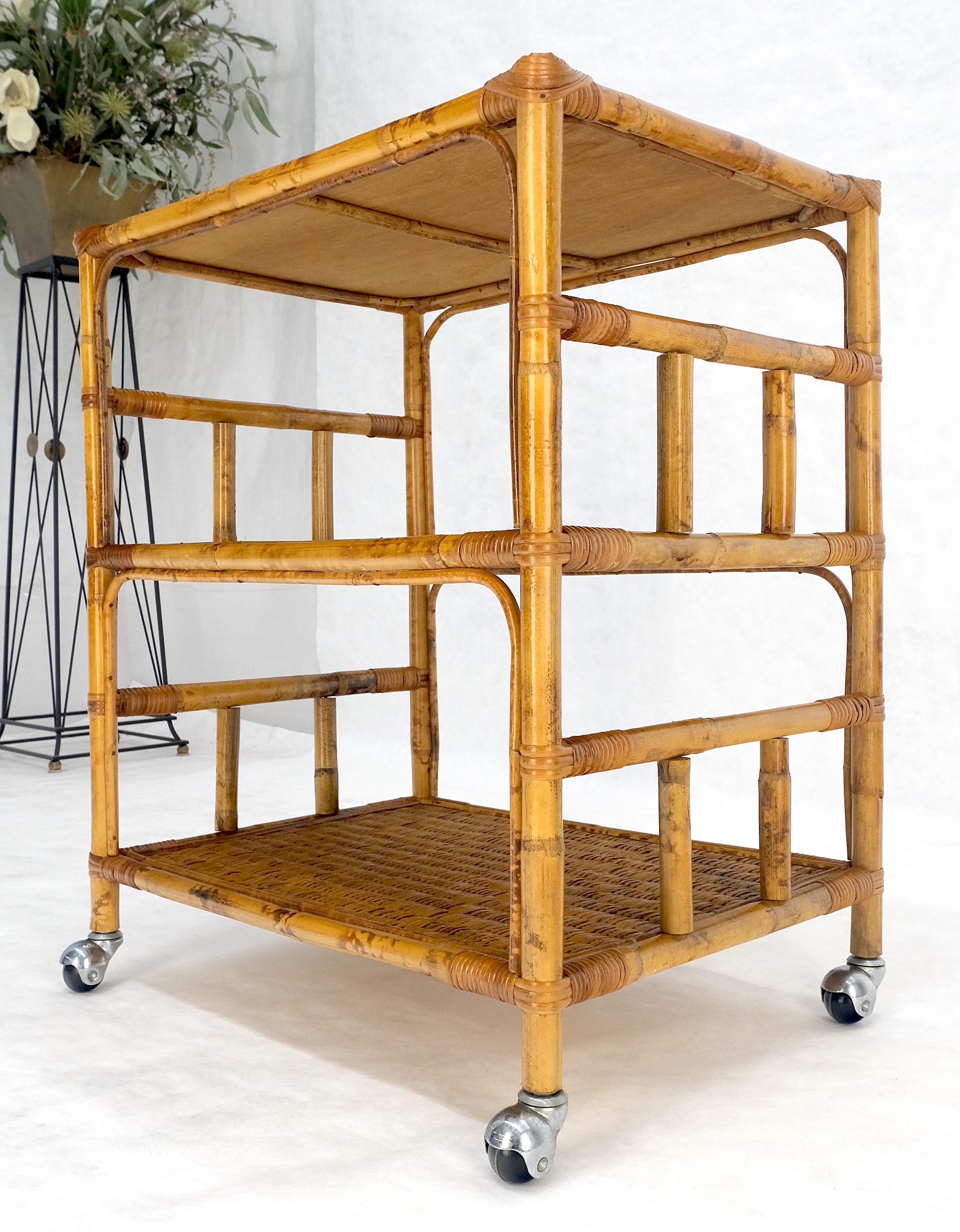 Mid Century c1970s Bamboo 3 tier Side End Table Stand on Wheels MINT For Sale 3