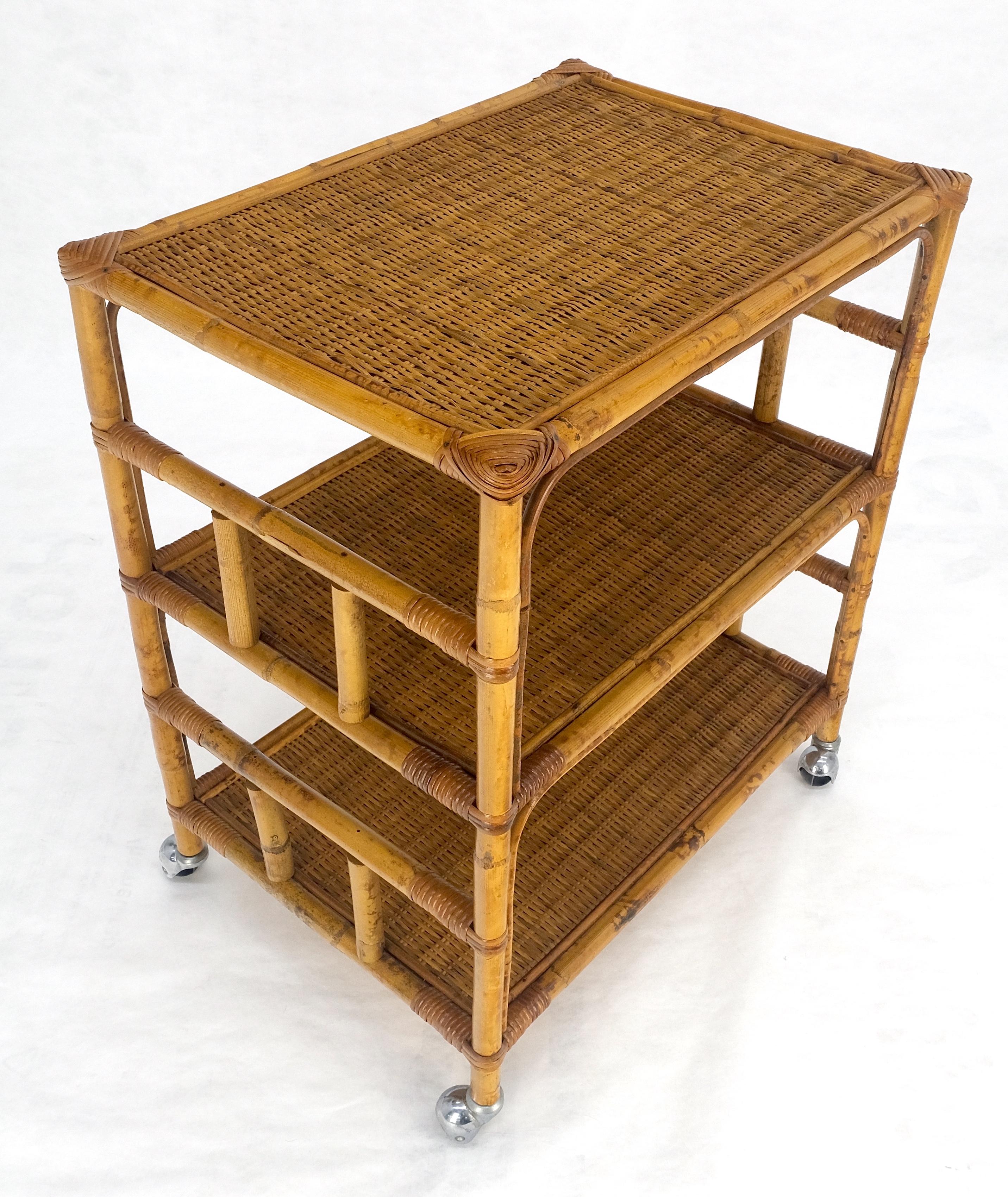 Mid Century c1970s Bamboo 3 tier Side End Table Stand on Wheels MINT For Sale 4