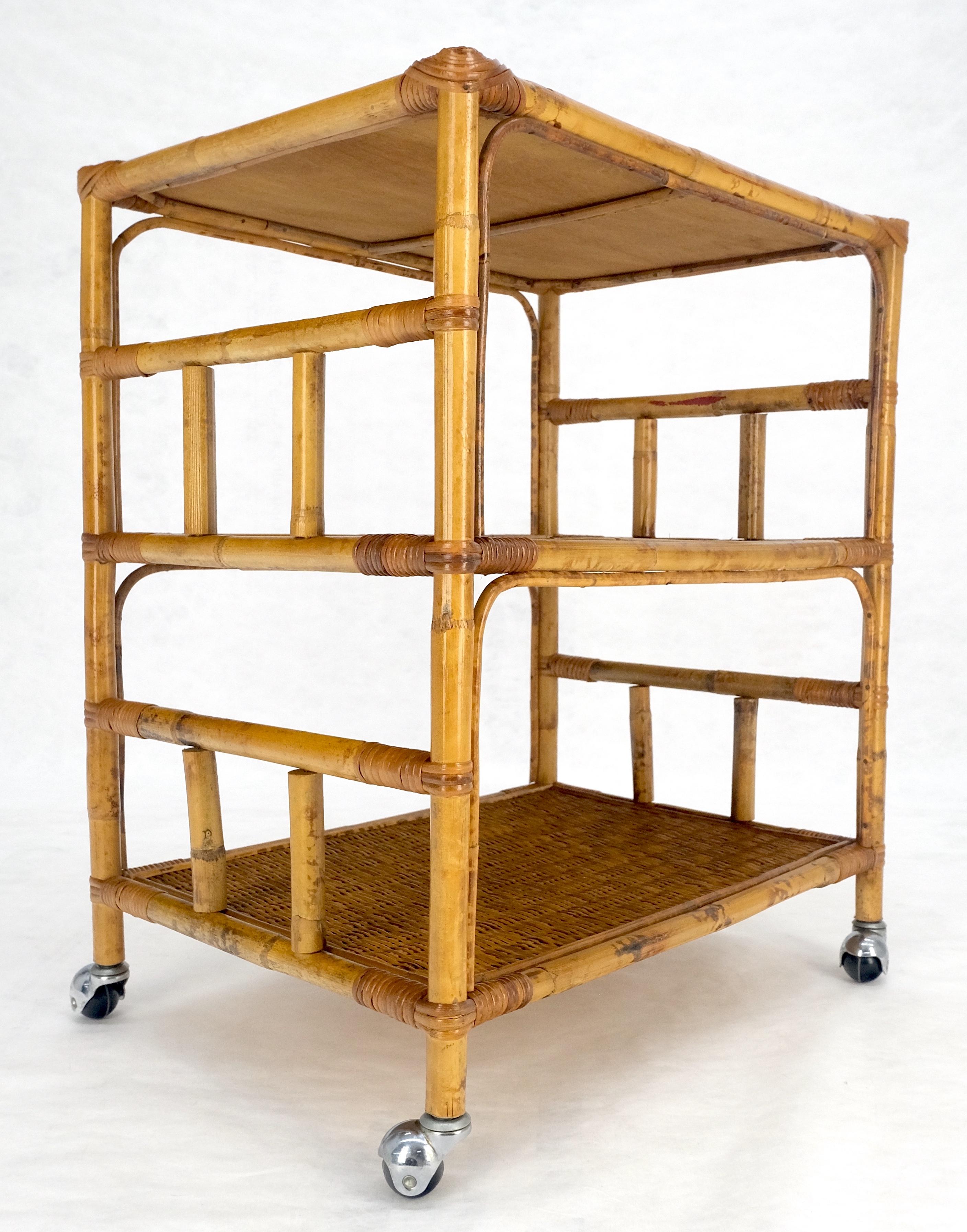 Mid Century c1970s Bamboo 3 tier Side End Table Stand on Wheels MINT For Sale 5