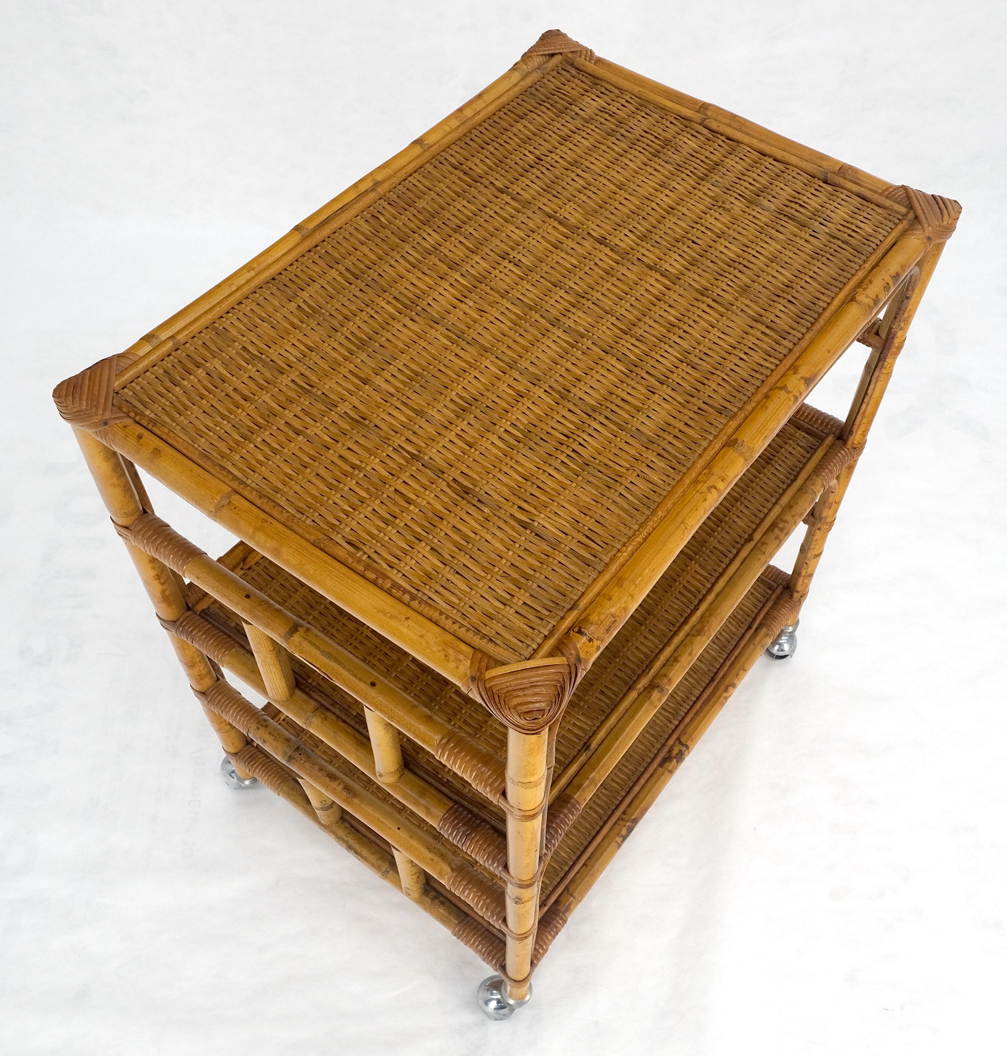 Mid Century c1970s Bamboo 3 tier Side End Table Stand on Wheels MINT For Sale 6