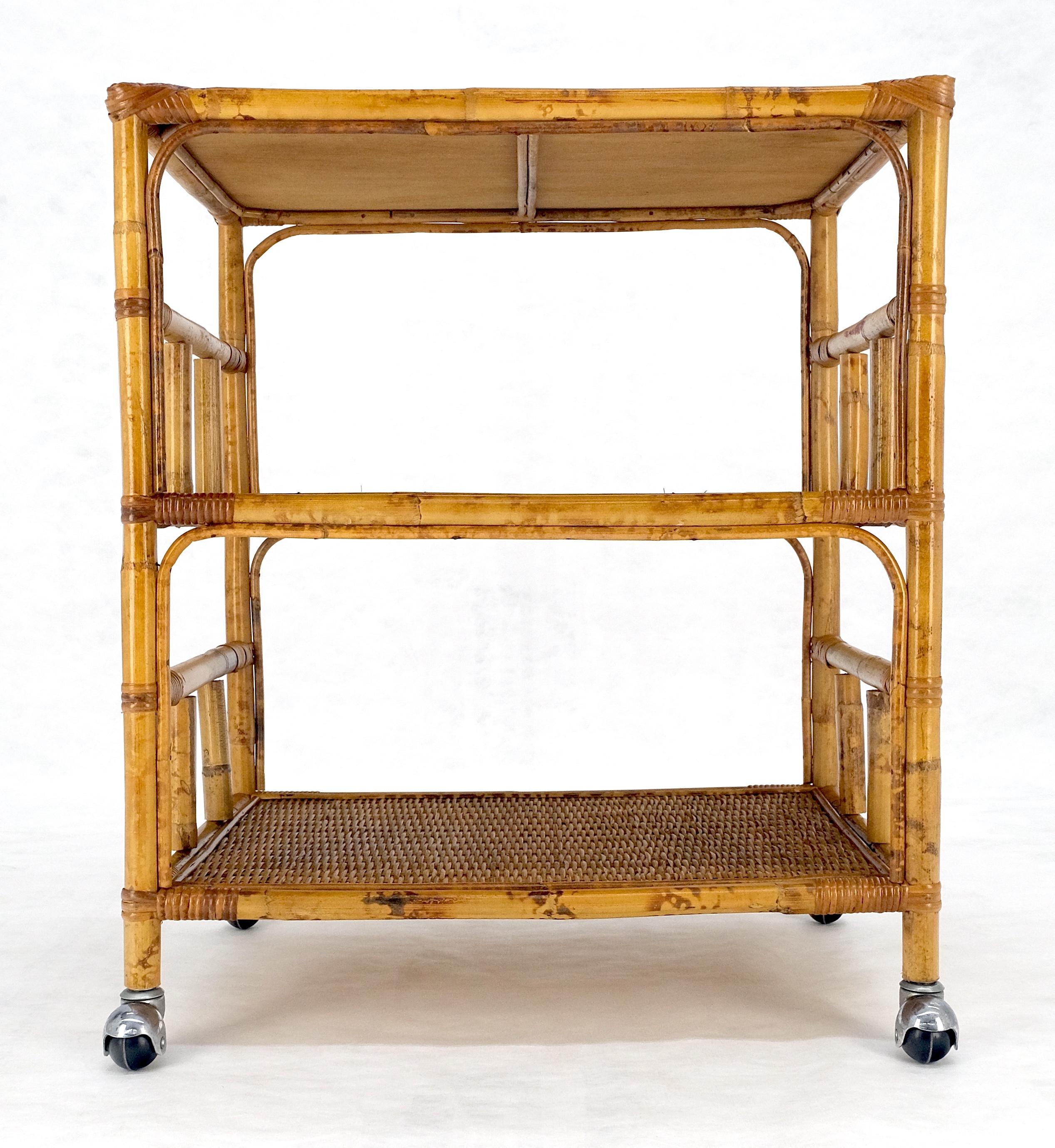 Mid Century Modern c1970s Bamboo 3 tier Side End Table Stand on Wheels MINT!