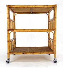 Mid Century c1970s Bamboo 3 tier Side End Table Stand on Wheels MINT