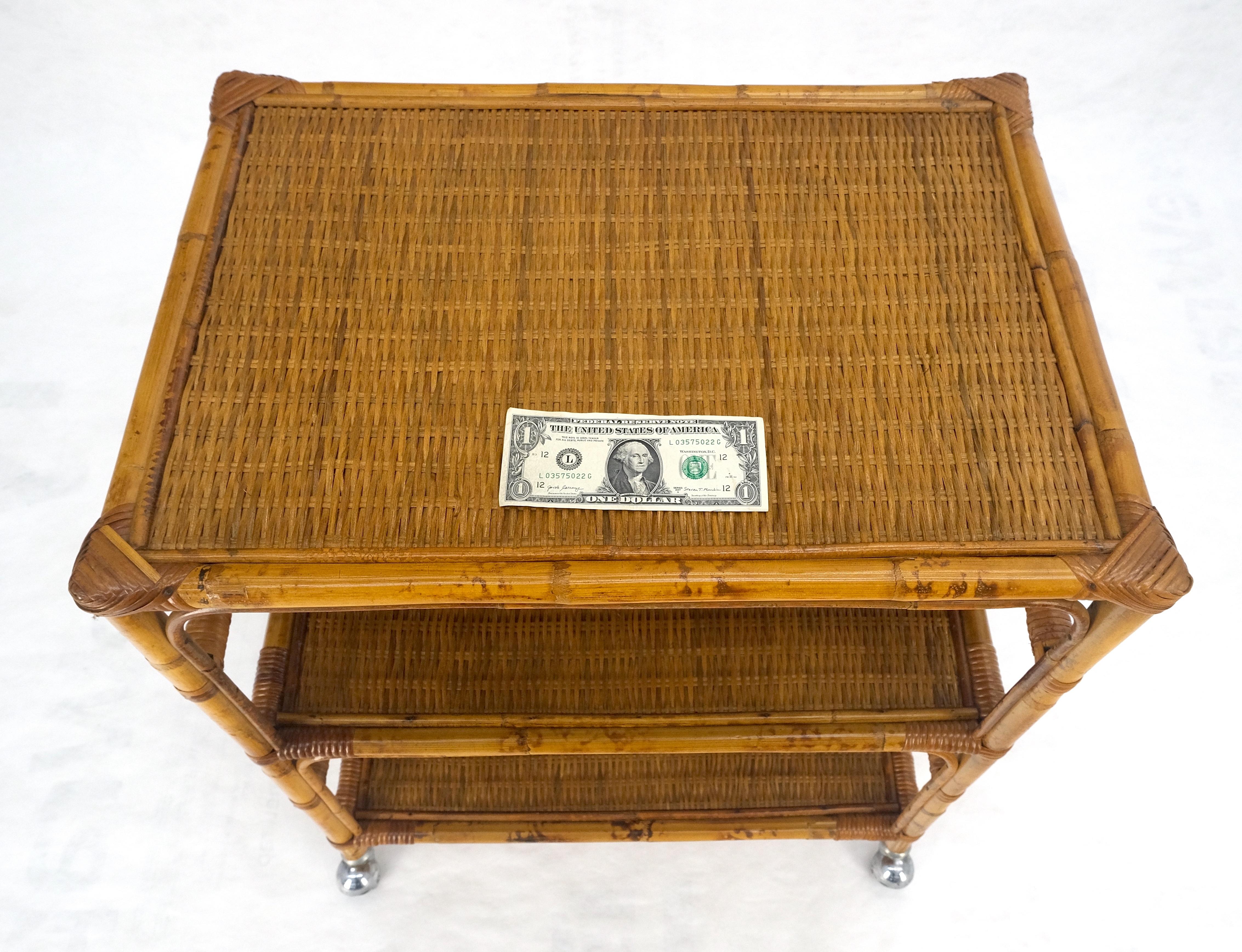 Mid-Century Modern Mid Century c1970s Bamboo 3 tier Side End Table Stand on Wheels MINT For Sale