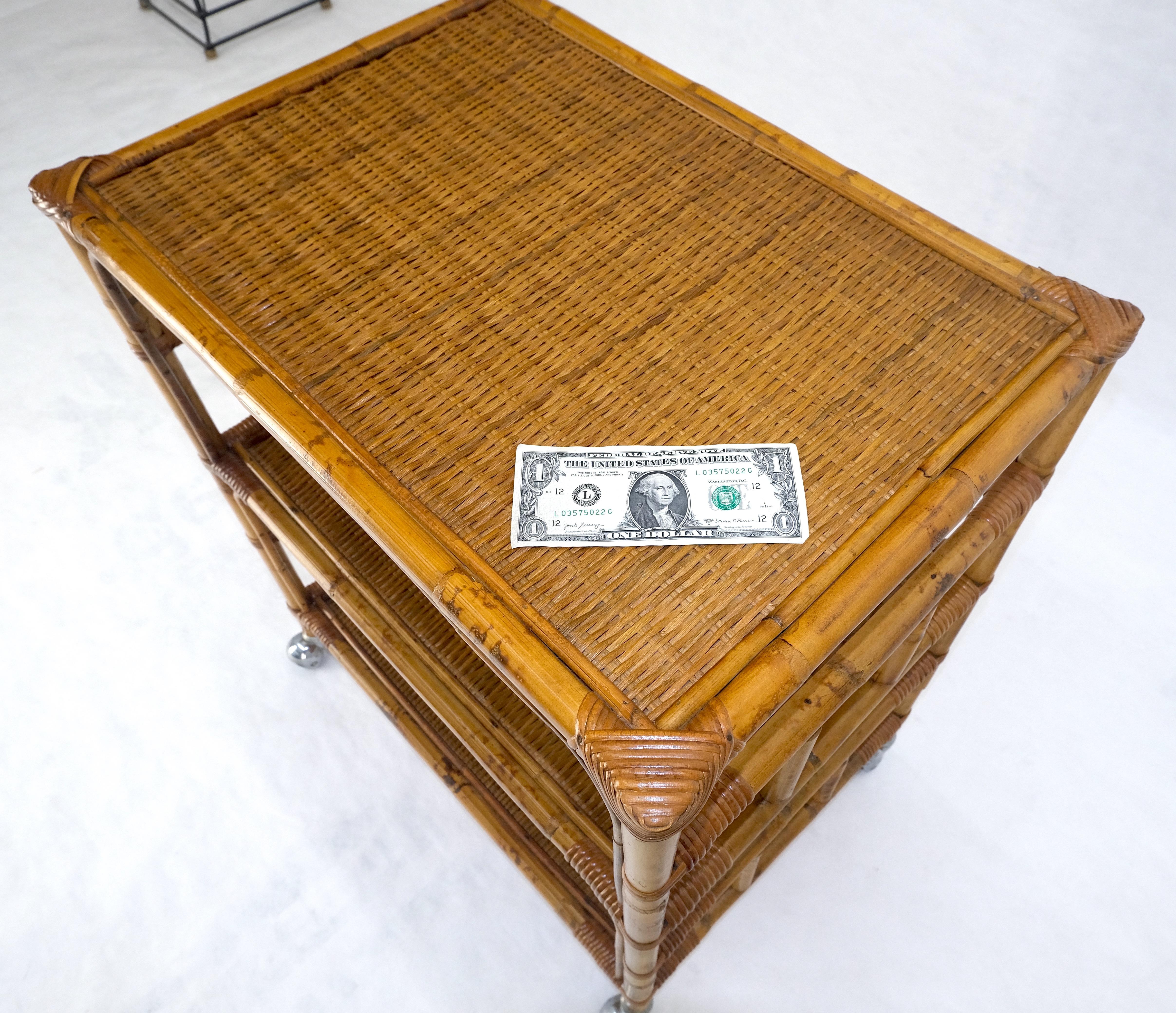 American Mid Century c1970s Bamboo 3 tier Side End Table Stand on Wheels MINT For Sale