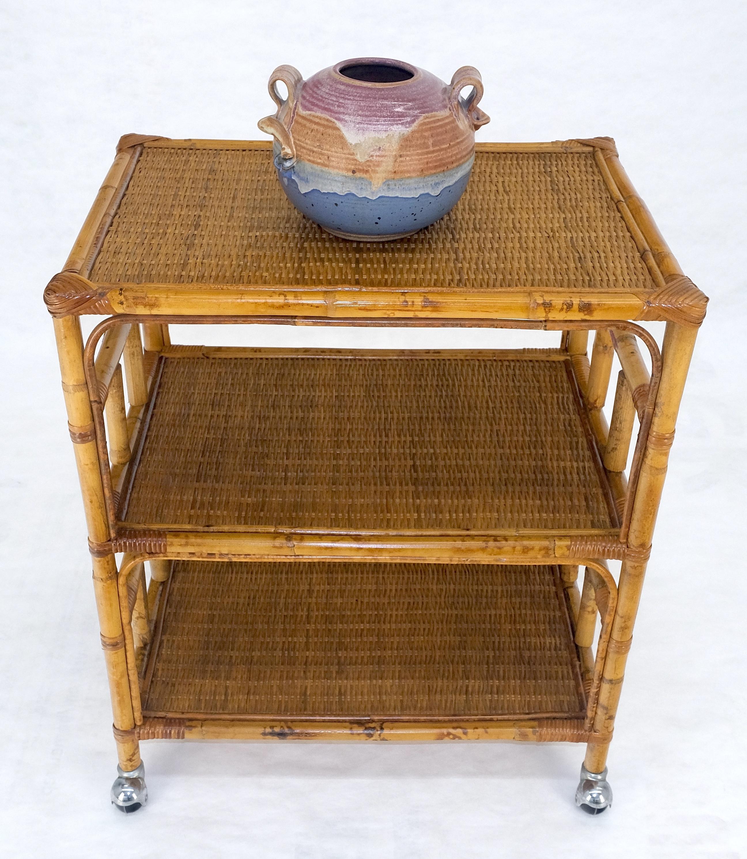 Lacquered Mid Century c1970s Bamboo 3 tier Side End Table Stand on Wheels MINT For Sale