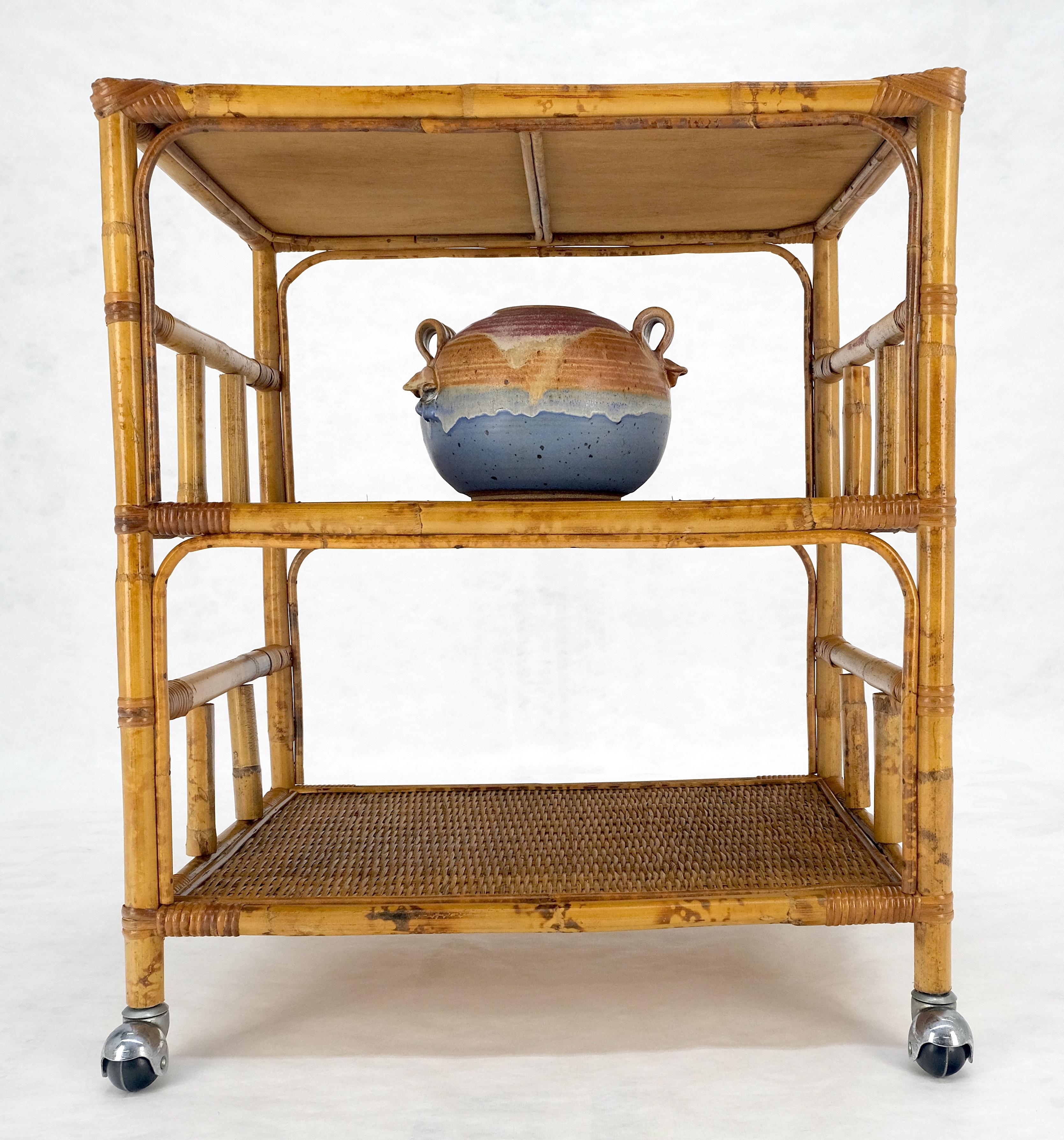 20th Century Mid Century c1970s Bamboo 3 tier Side End Table Stand on Wheels MINT For Sale