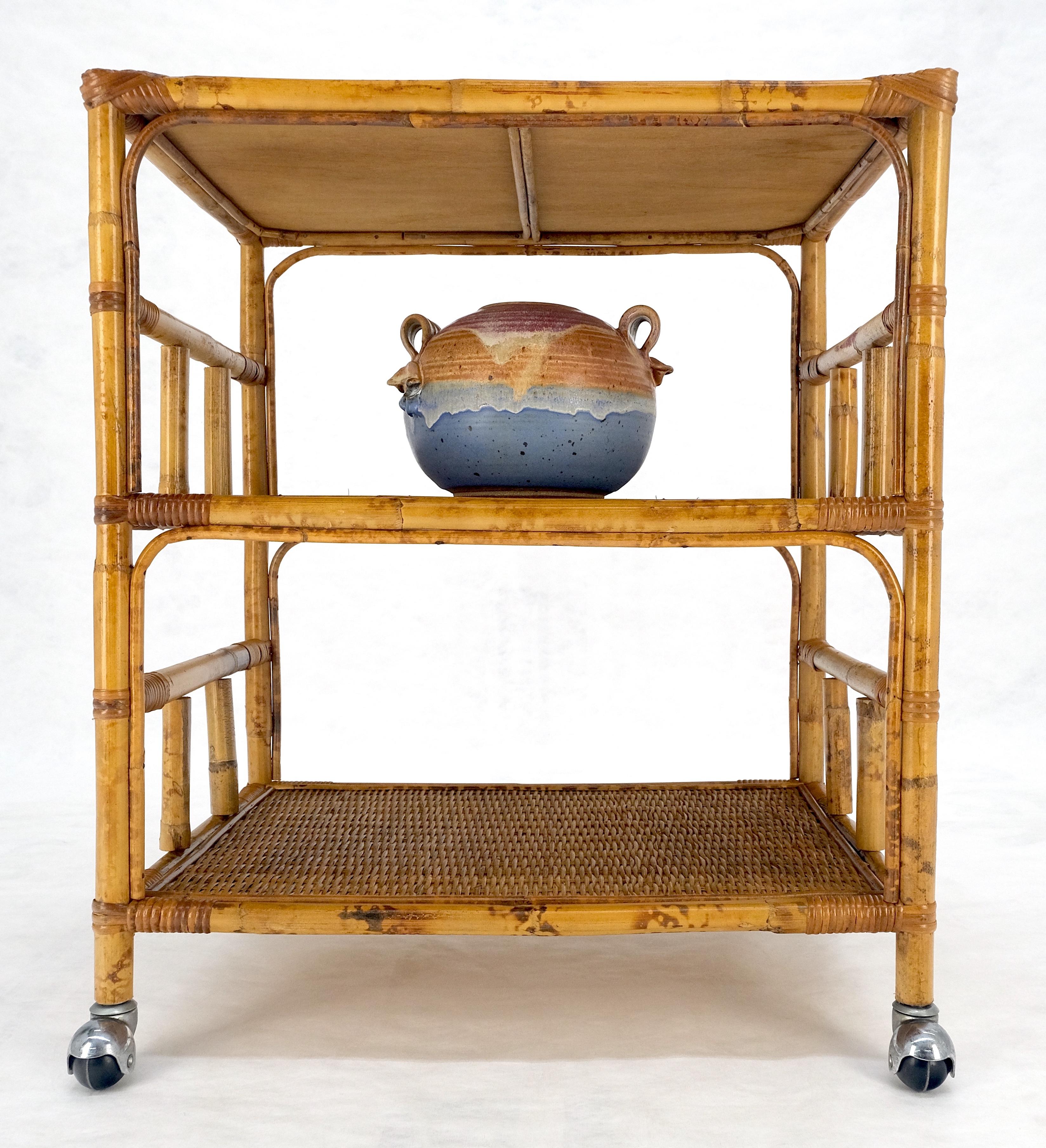 Mid Century c1970s Bamboo 3 tier Side End Table Stand on Wheels MINT For Sale 1