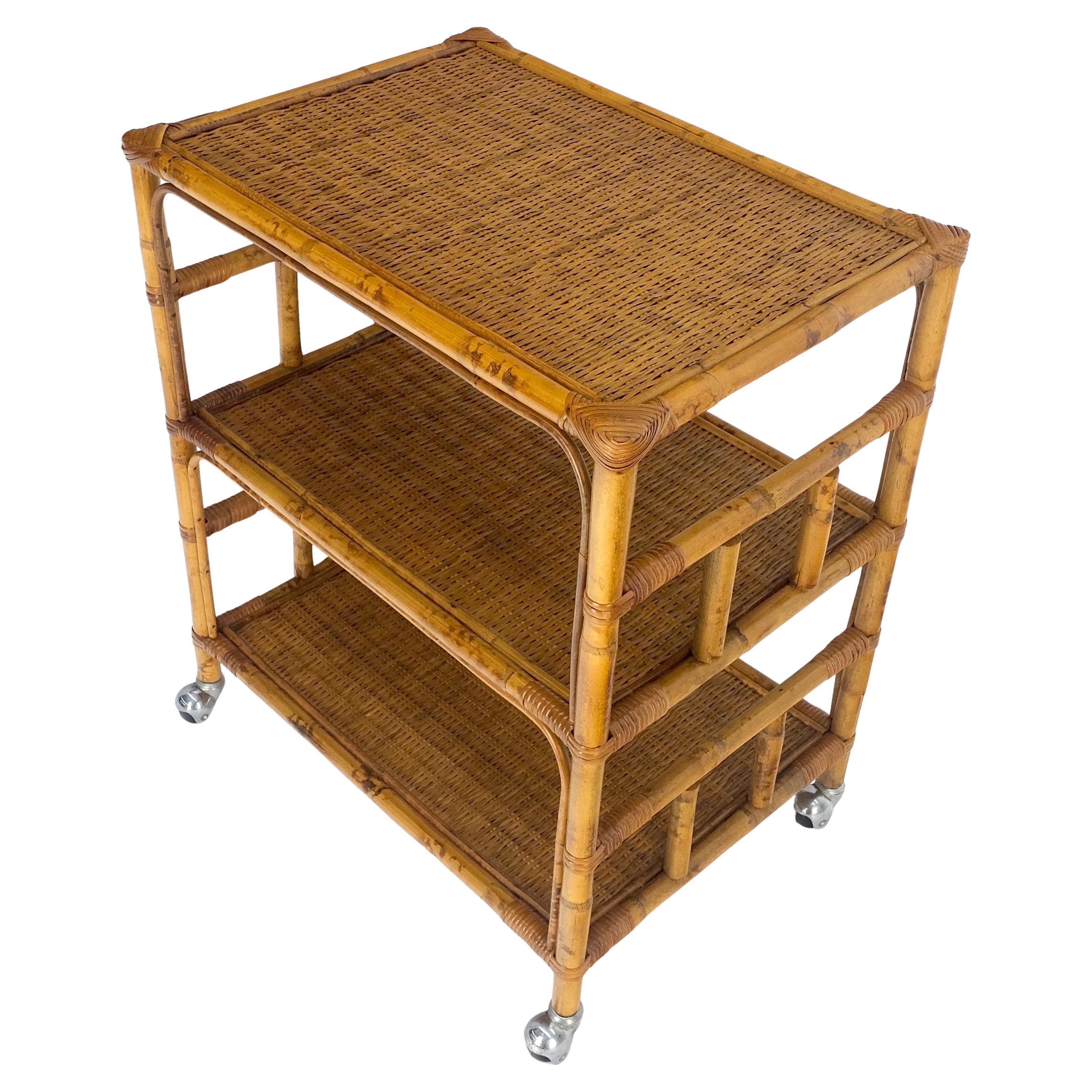 Mid Century c1970s Bamboo 3 tier Side End Table Stand on Wheels MINT For Sale