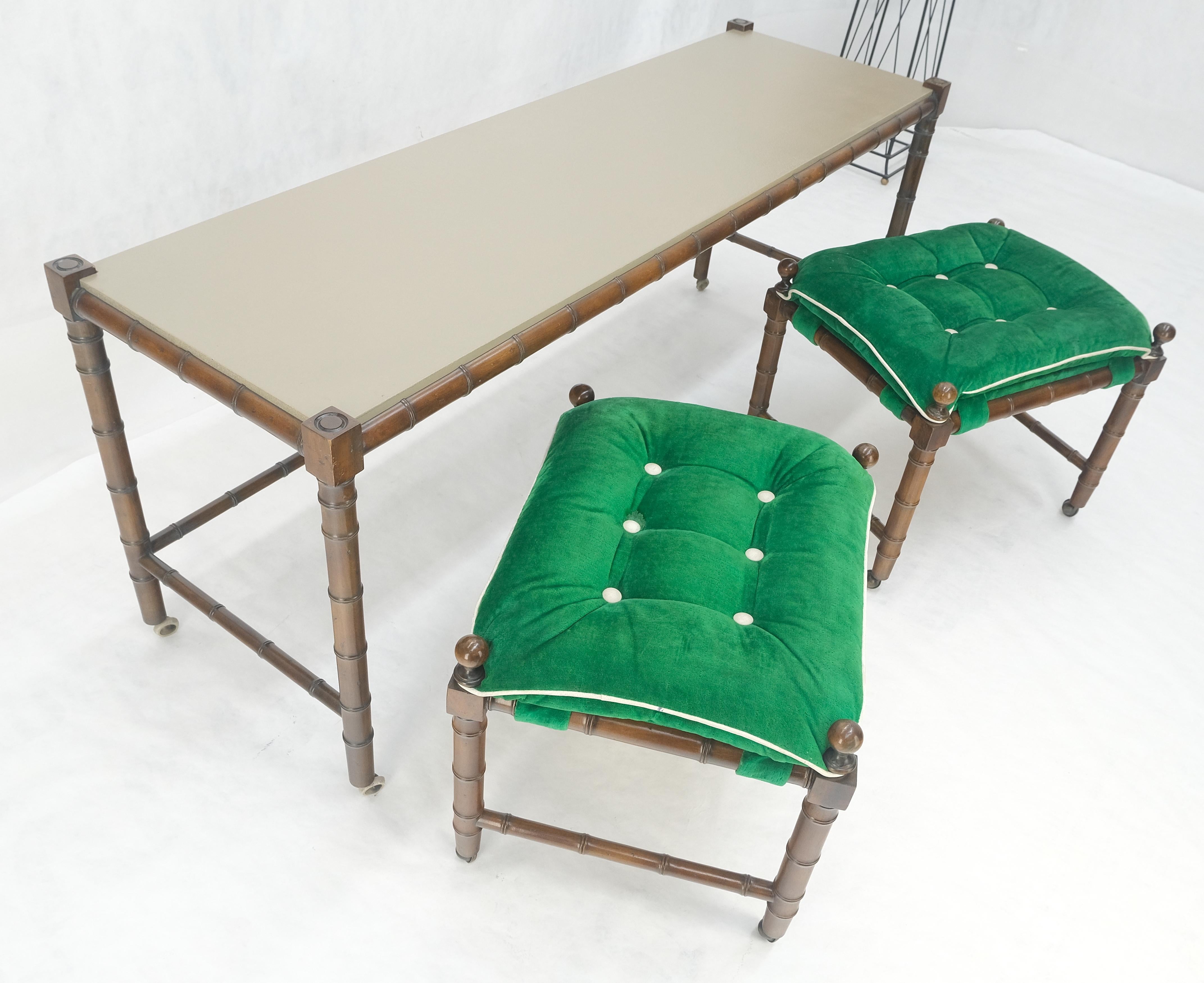 Mid Century c1970s Faux Bamboo Console Sofa Table & Pair Nesting Benches on Wheels MINT!
Benches are: 23x18x18
