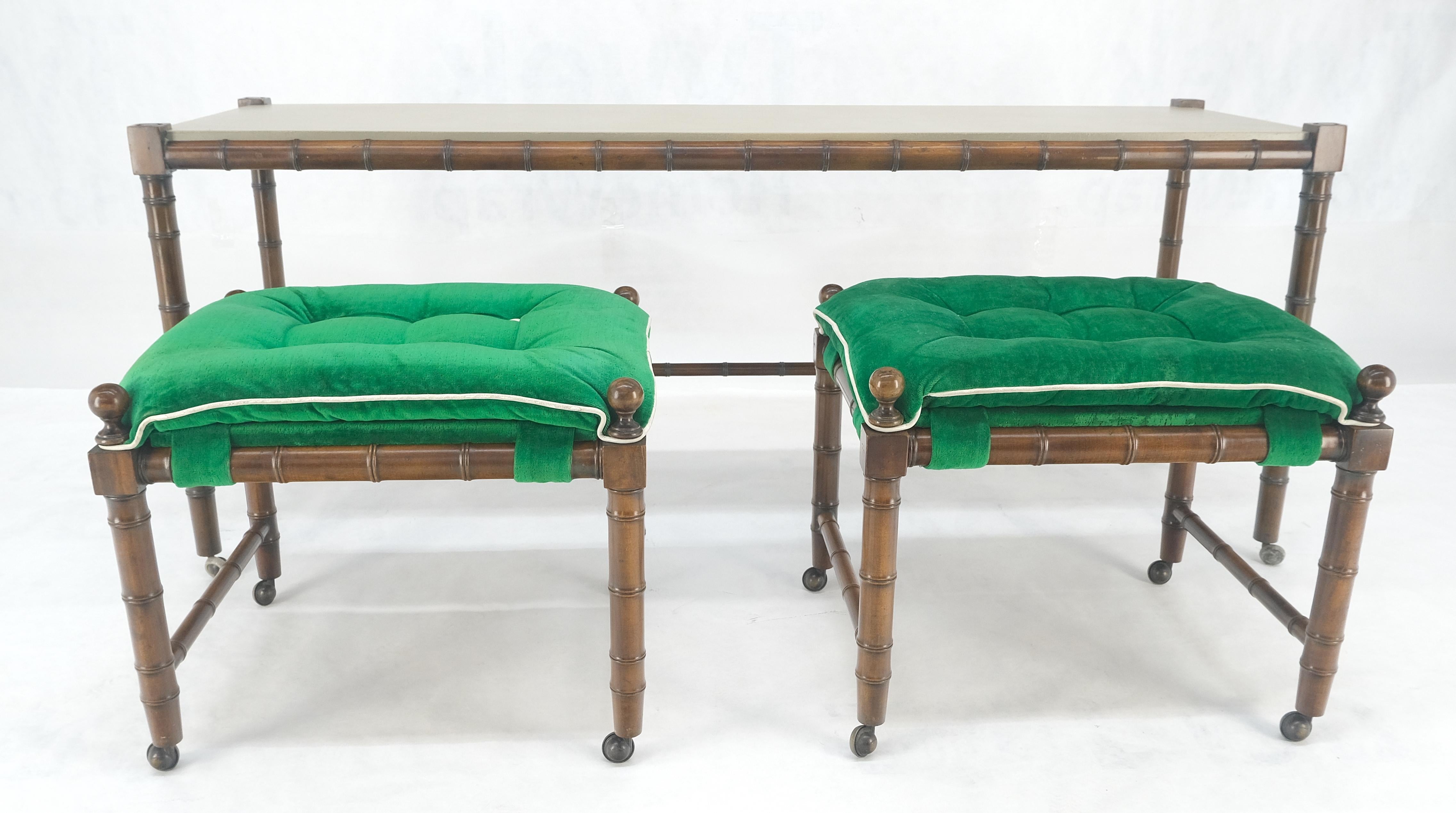Turned Mid Century c1970s Faux Bamboo Console Sofa Table & Pair Nesting Benches MINT! For Sale