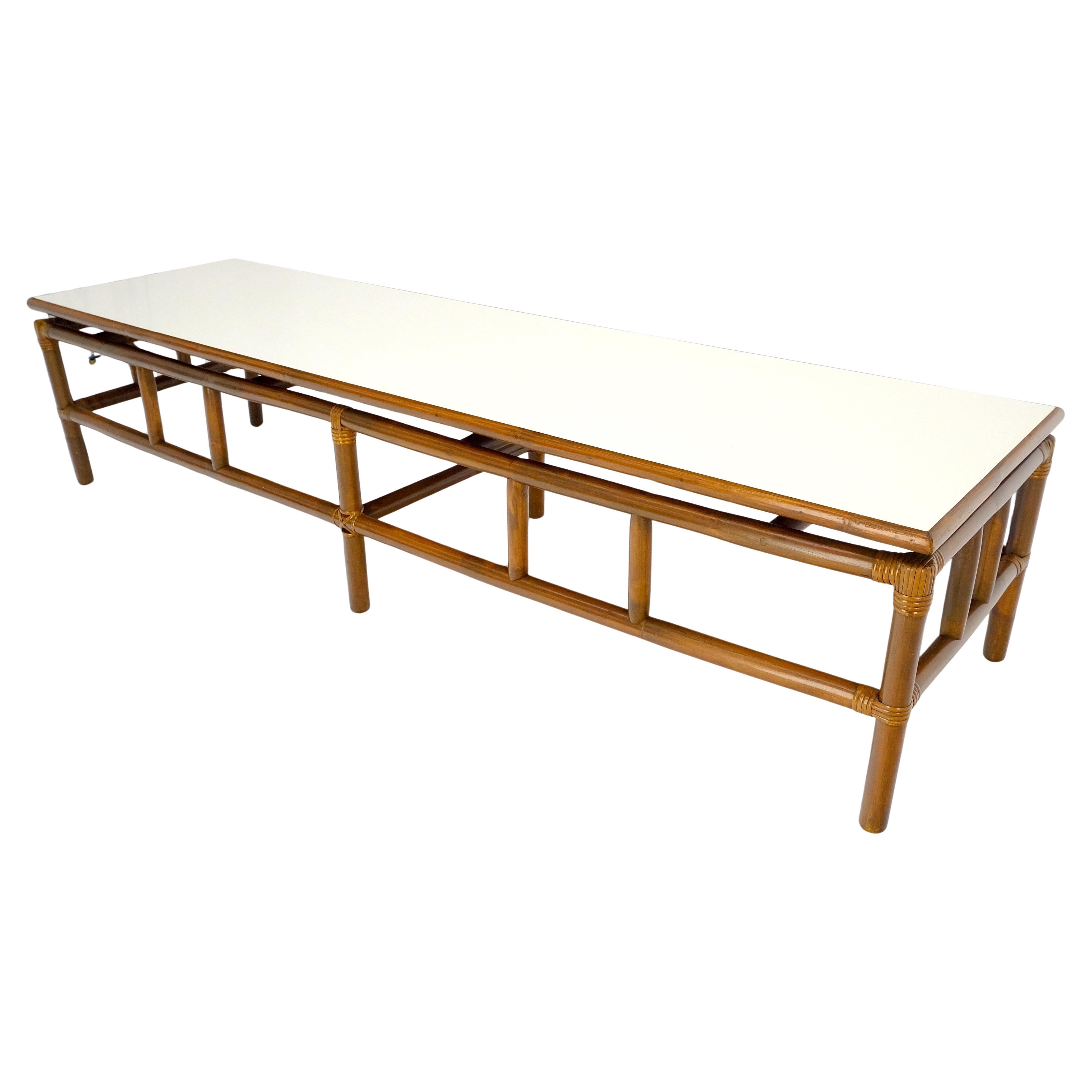 Mid Century c1970s Rattan Bamboo White Formica Top 72” Long Coffee Table MINT
