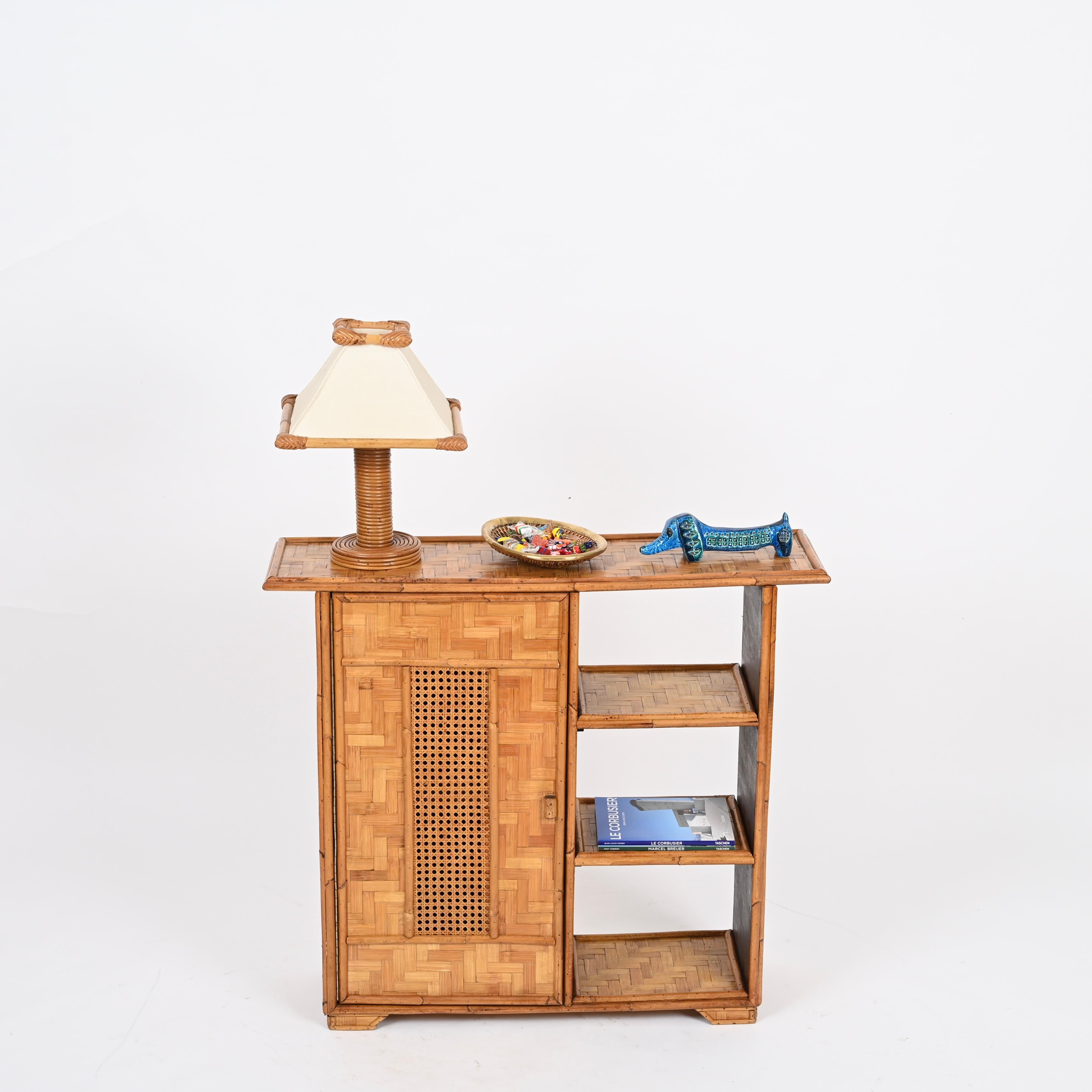 Italian Mid-Century Cabinet or Bookcase in Bamboo, Straw and Woven Rattan , Italy, 1970s