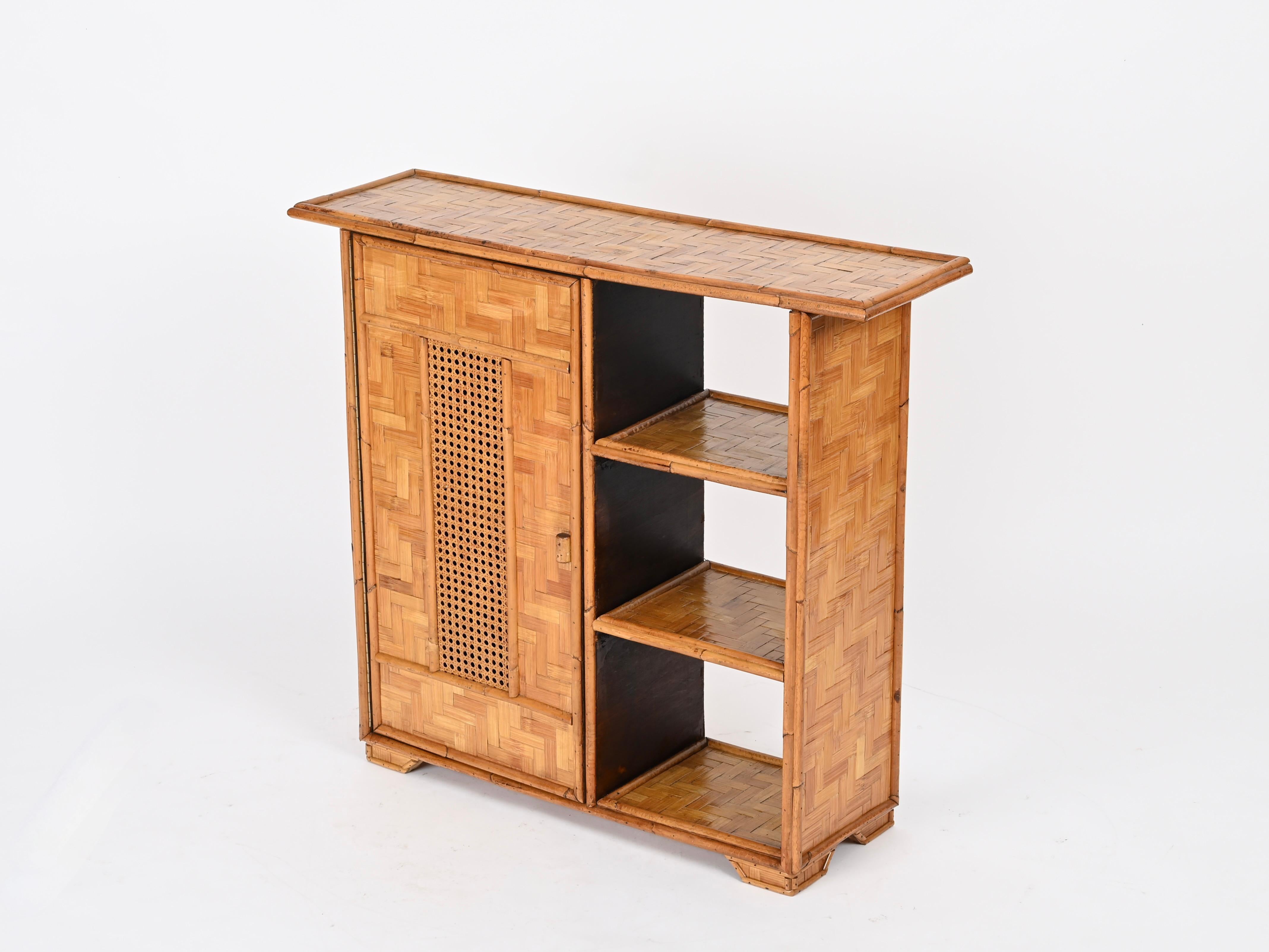 20th Century Mid-Century Cabinet or Bookcase in Bamboo, Straw and Woven Rattan , Italy, 1970s