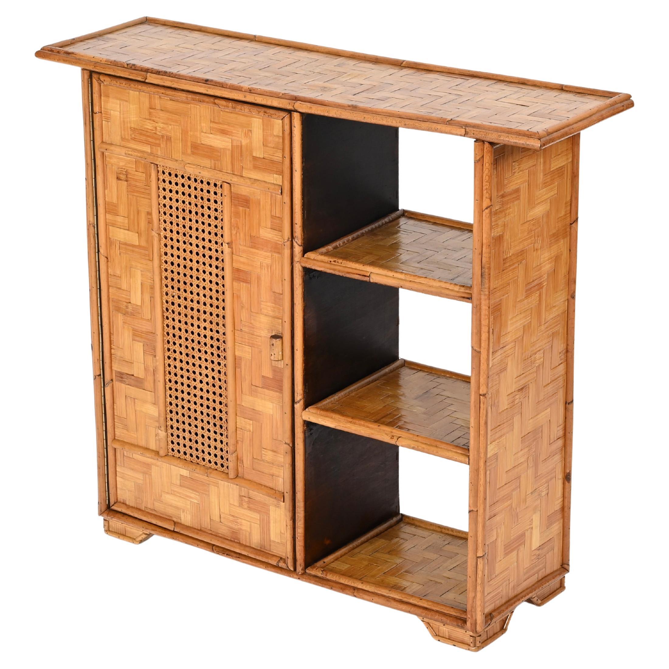 Mid-Century Cabinet or Bookcase in Bamboo, Straw and Woven Rattan , Italy, 1970s