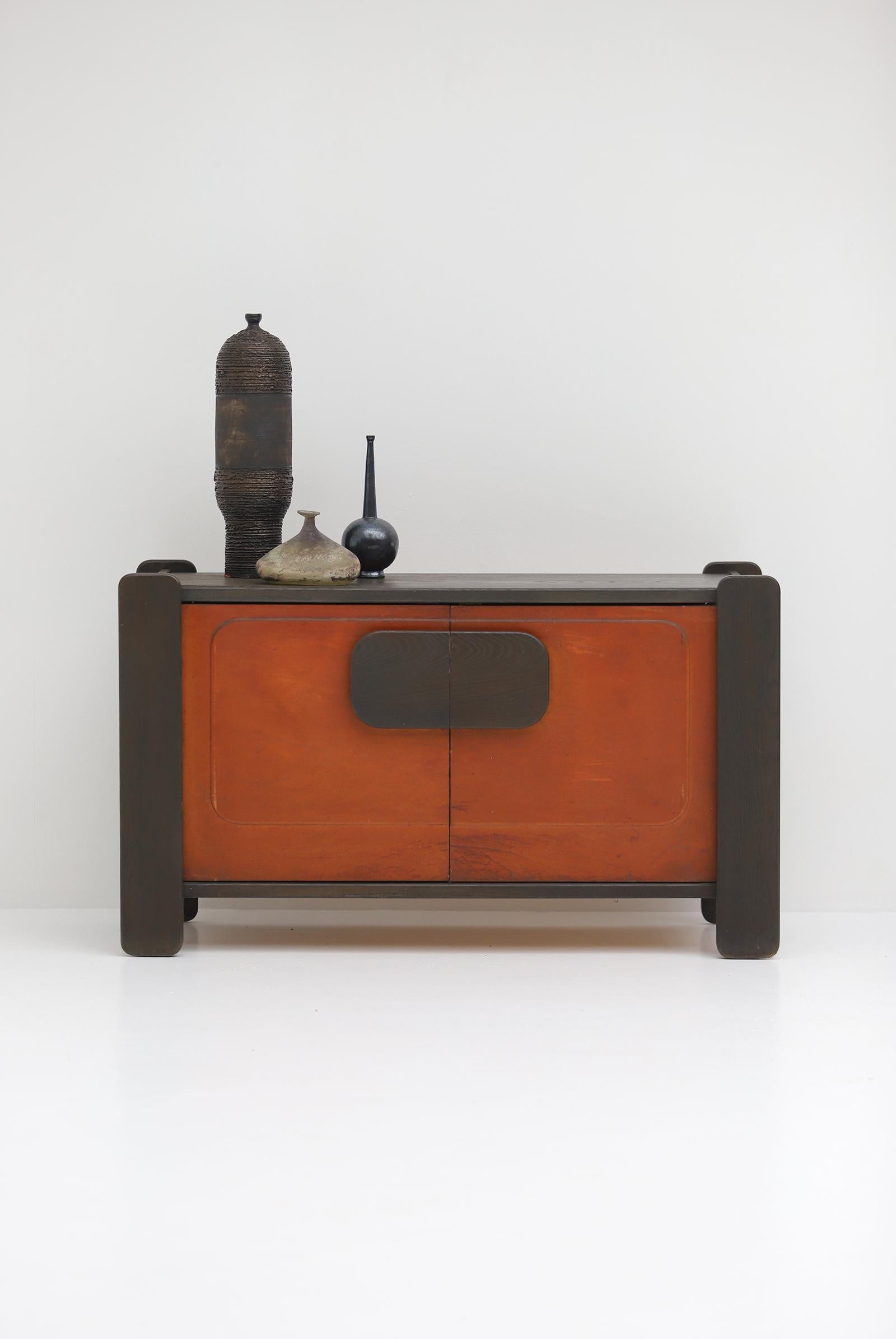 Belgian Mid-Century Cabinet with Leather Doors, by Hi-Plan Design Furniture 1976