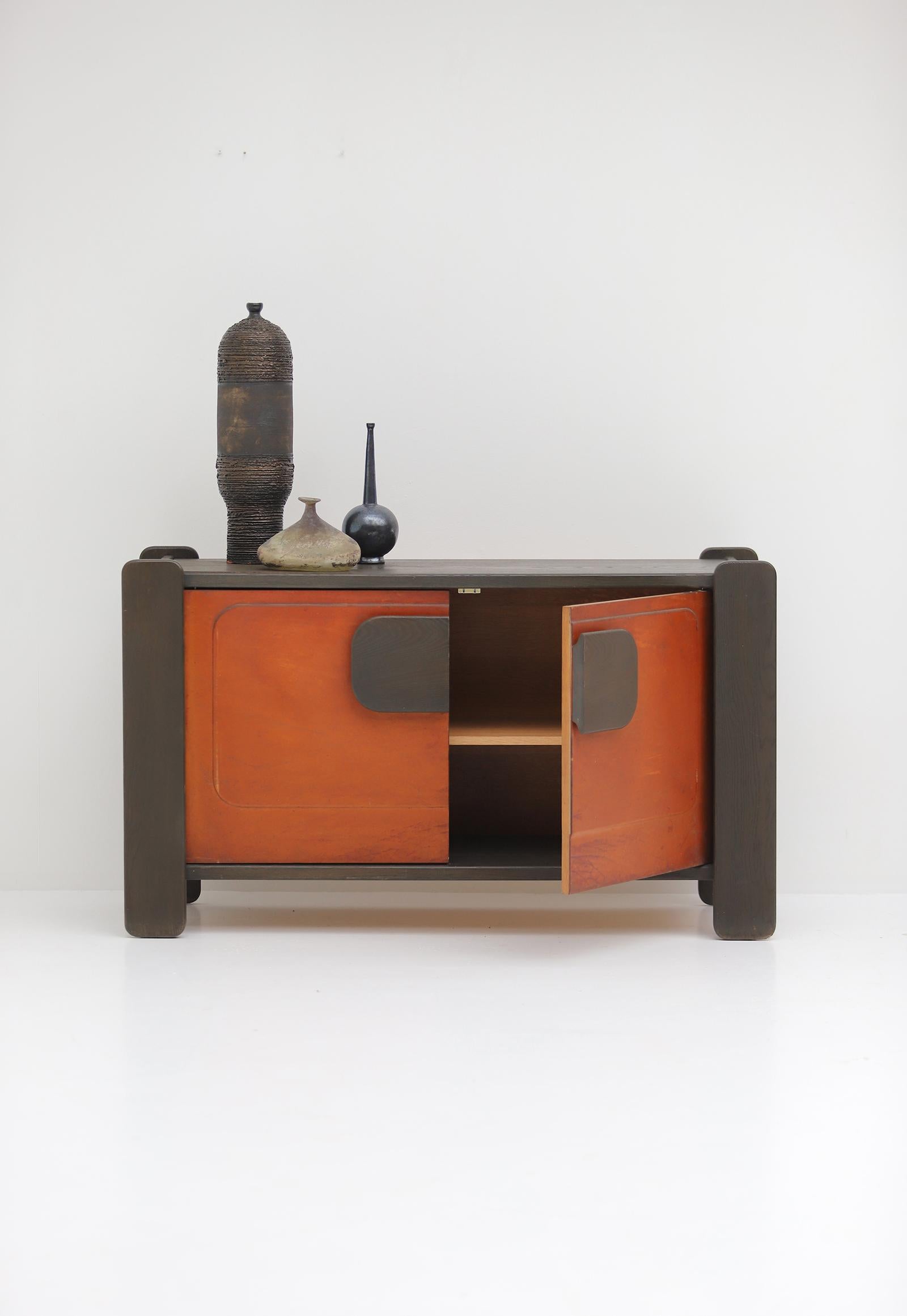 Mid-Century Cabinet with Leather Doors, by Hi-Plan Design Furniture 1976 3