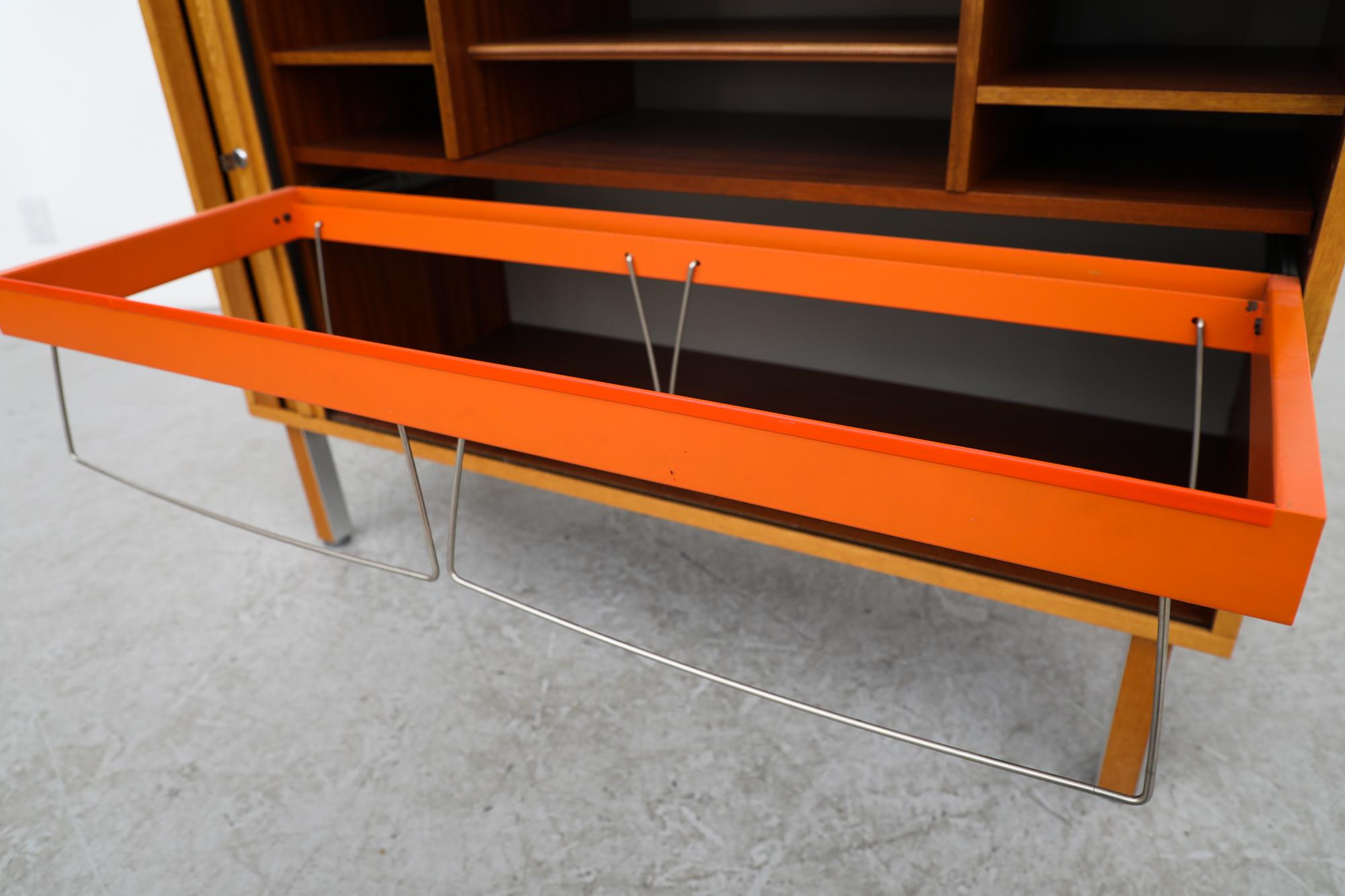 Oak Mid-Century Cabinet with Tambour Door, Storage and Orange Filing Rack 2