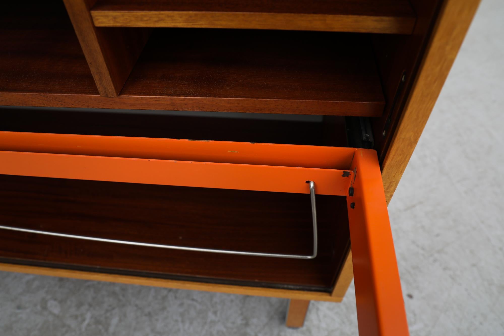 Oak Mid-Century Cabinet with Tambour Door, Storage and Orange Filing Rack For Sale 5