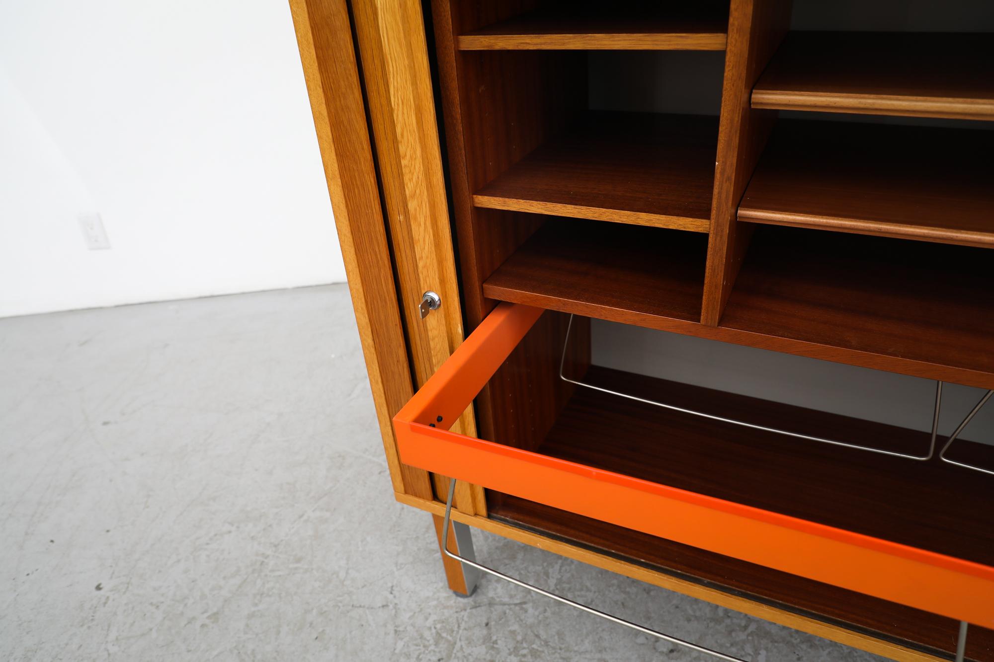 Oak Mid-Century Cabinet with Tambour Door, Storage and Orange Filing Rack 4