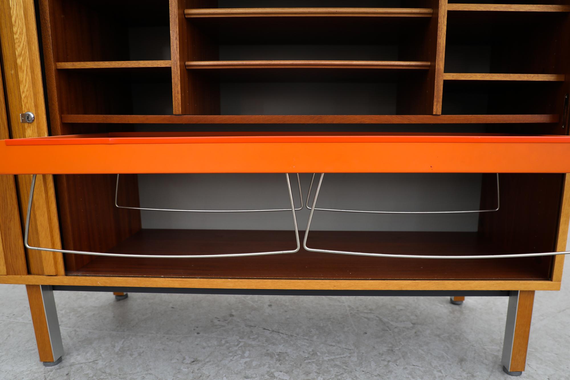 Oak Mid-Century Cabinet with Tambour Door, Storage and Orange Filing Rack 5