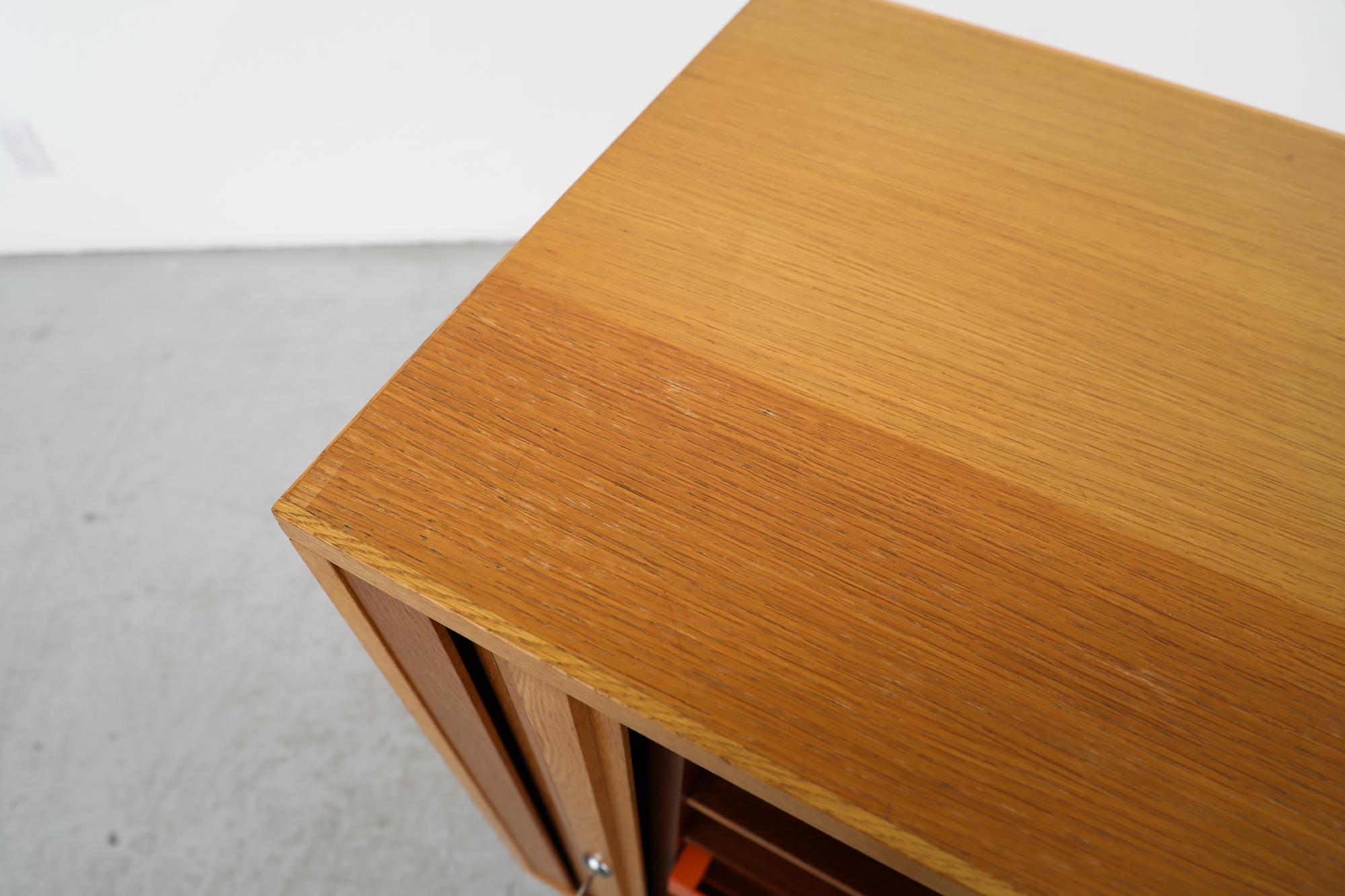 Oak Mid-Century Cabinet with Tambour Door, Storage and Orange Filing Rack For Sale 9
