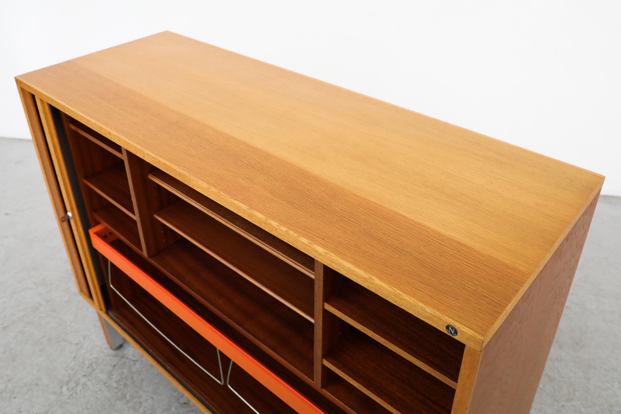 Oak Mid-Century Cabinet with Tambour Door, Storage and Orange Filing Rack For Sale 10