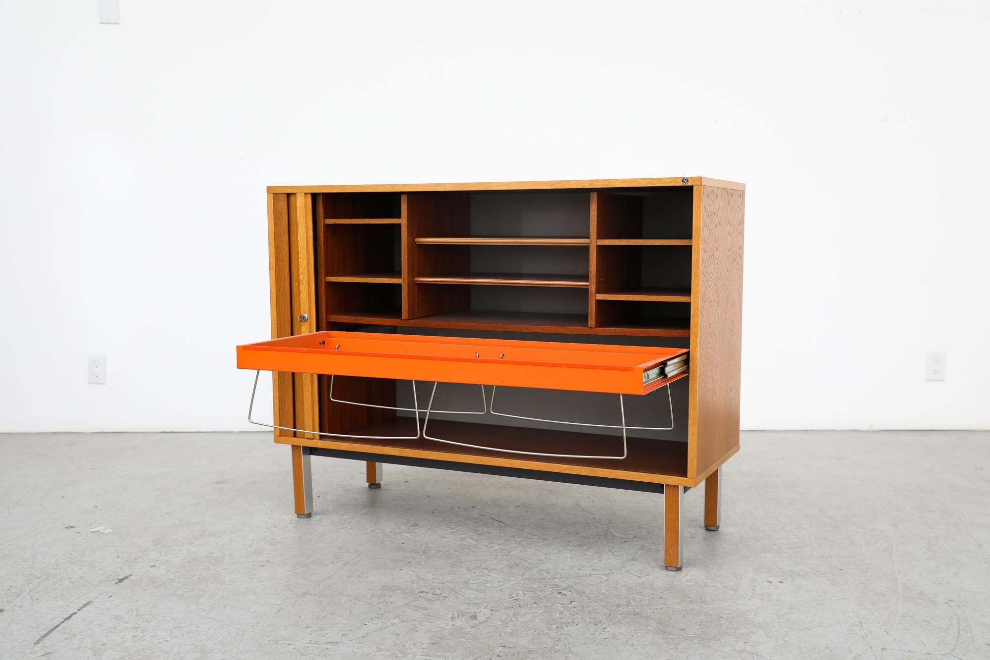 Oak Mid-Century Cabinet with Tambour Door, Storage and Orange Filing Rack In Good Condition For Sale In Los Angeles, CA
