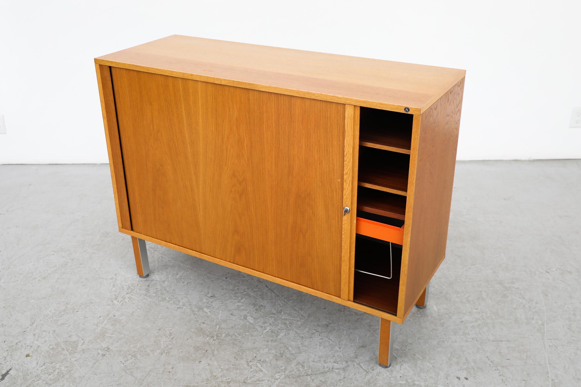 Oak Mid-Century Cabinet with Tambour Door, Storage and Orange Filing Rack For Sale 2