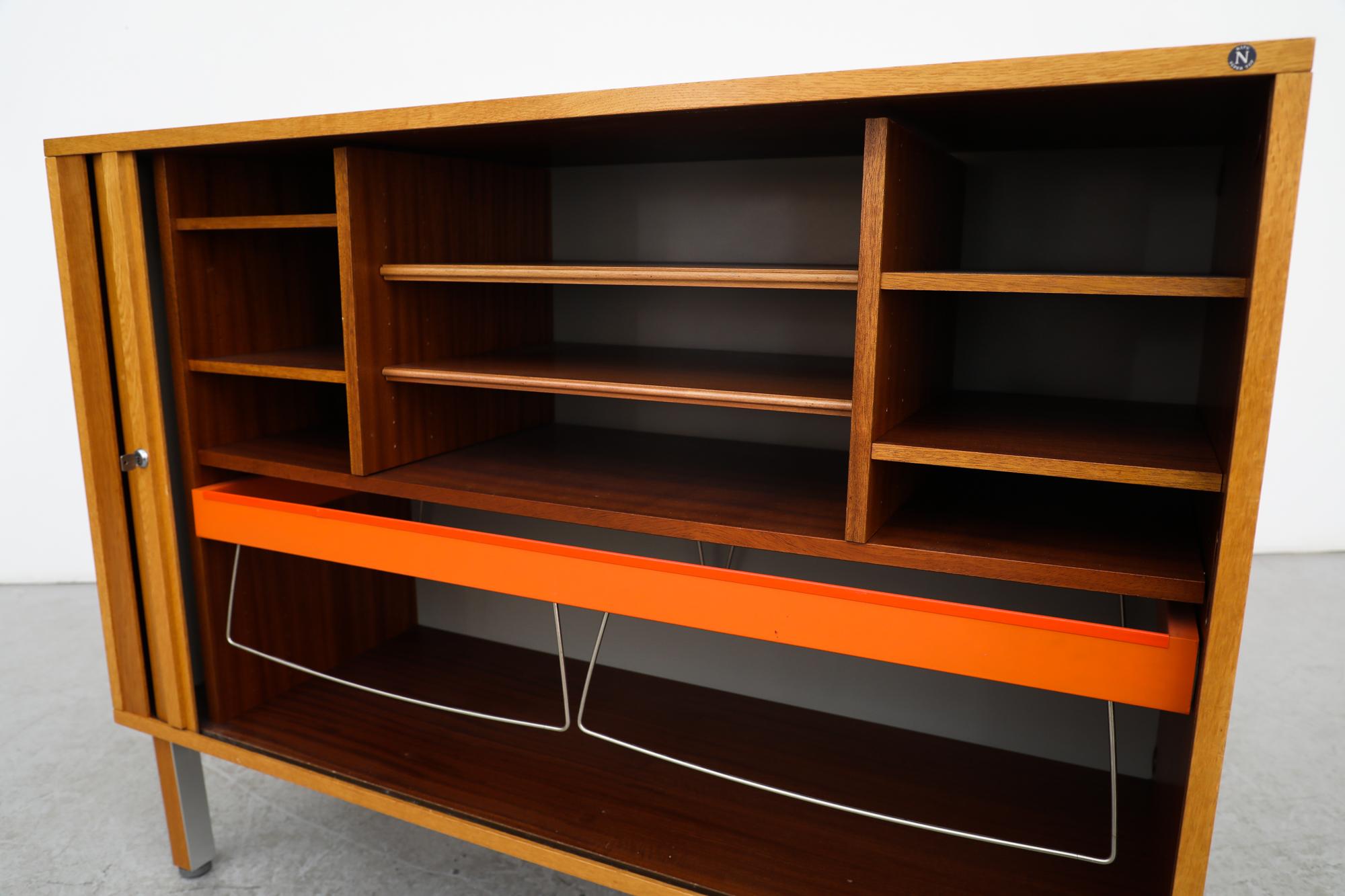 Oak Mid-Century Cabinet with Tambour Door, Storage and Orange Filing Rack For Sale 3