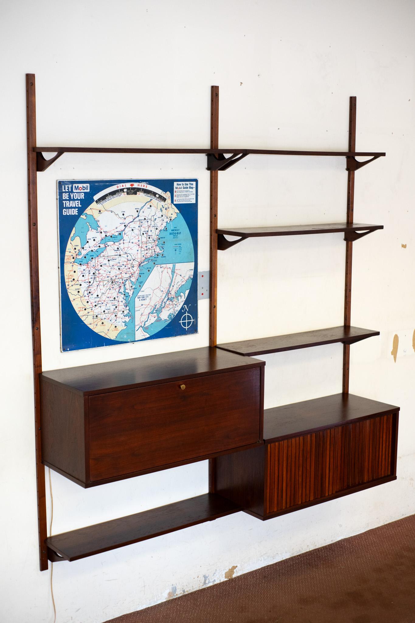 Brass Mid-Century Cadovious Style Danish Wall Unit or Book Shelves 10-Piece Walnut