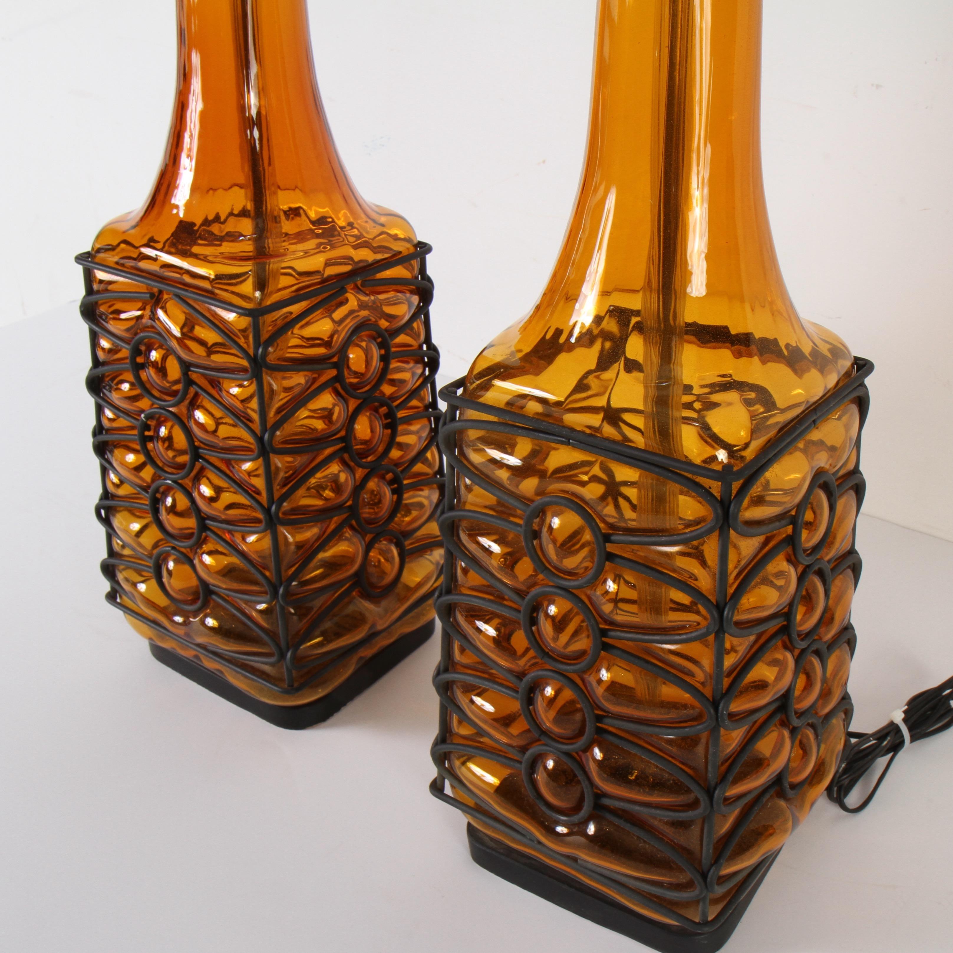 Unknown Midcentury Caged Blown Glass Table Lamps For Sale