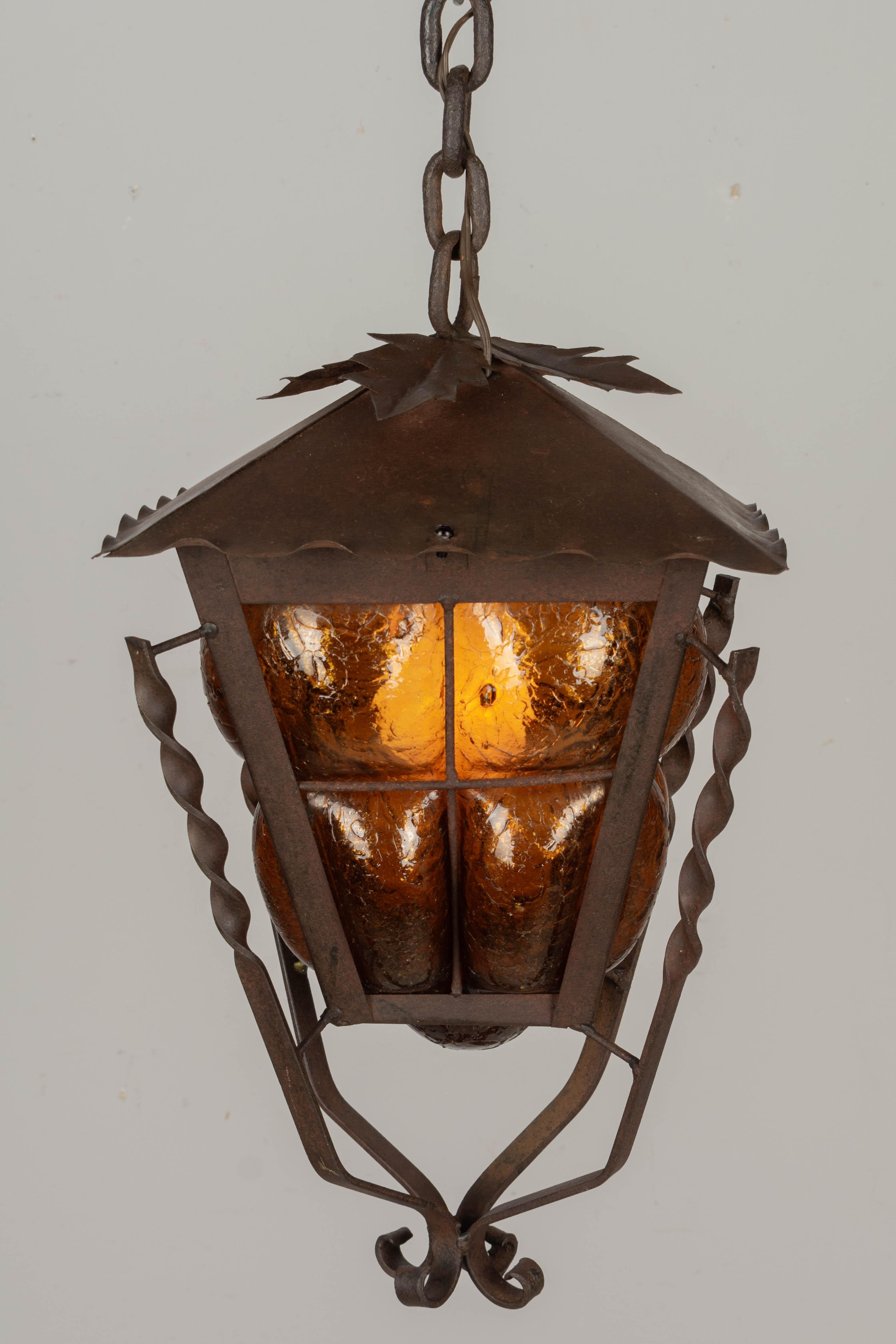 Arts and Crafts Mid Century Caged Glass Pendant Lantern For Sale