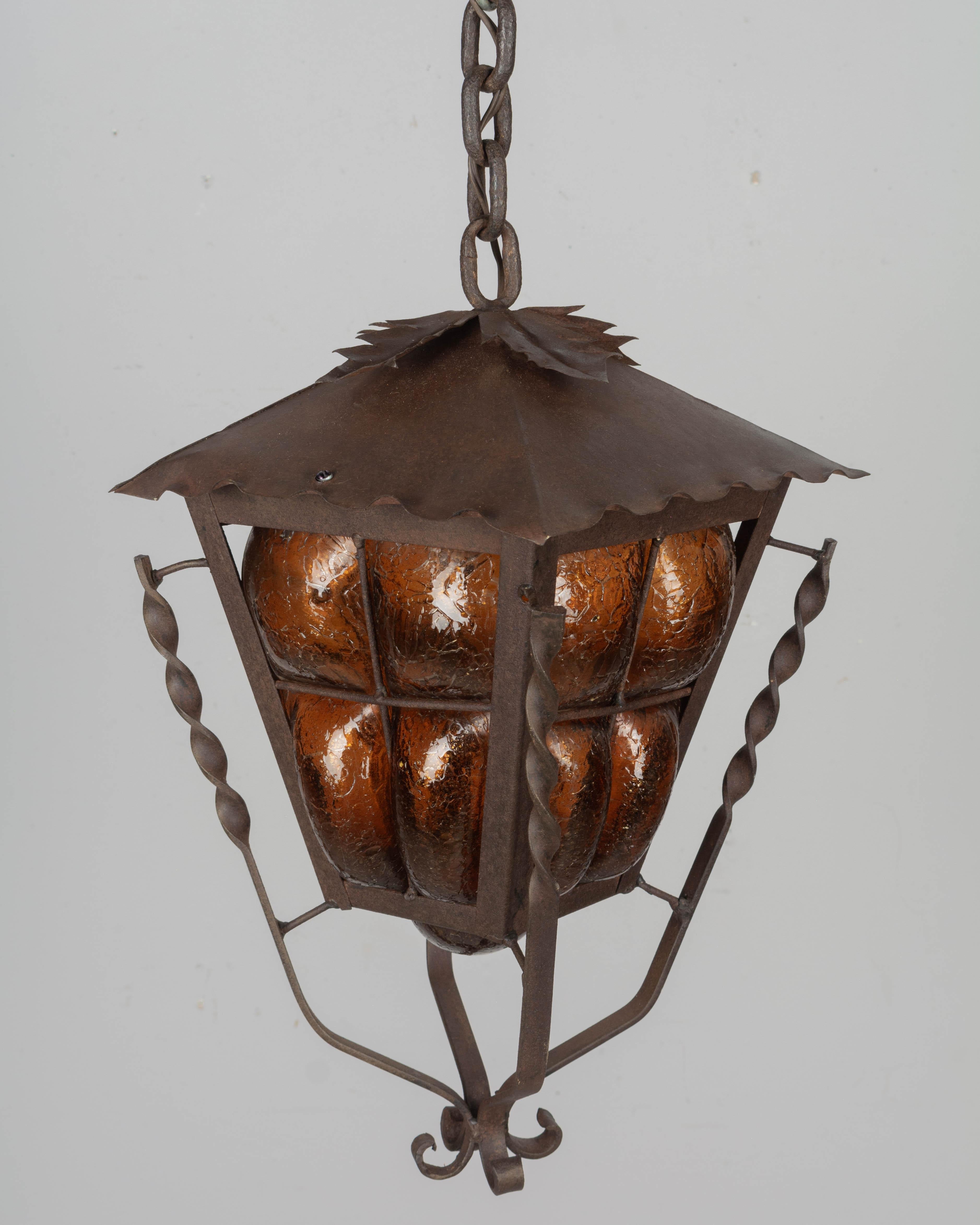 Mexican Mid Century Caged Glass Pendant Lantern For Sale