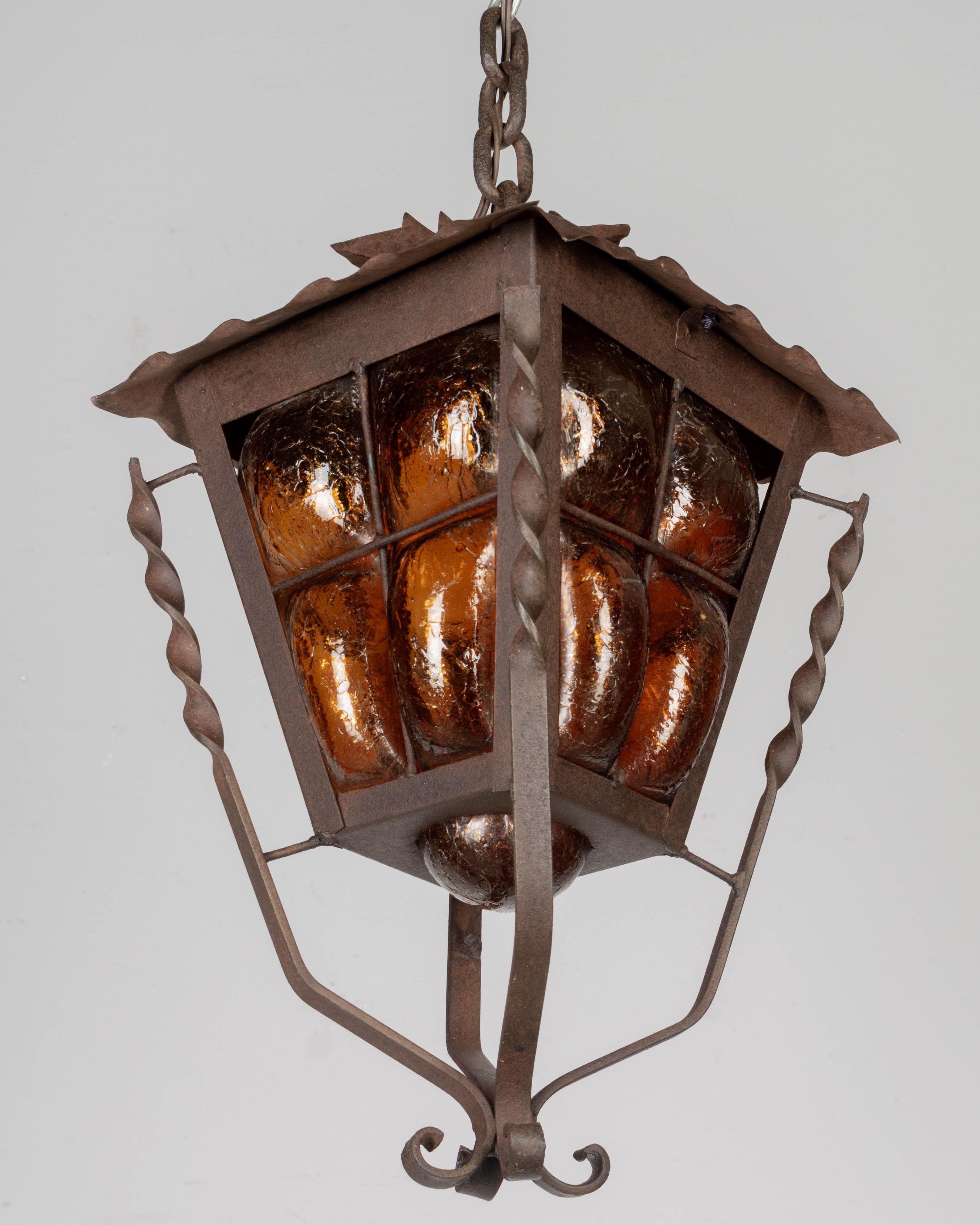 Blown Glass Mid Century Caged Glass Pendant Lantern For Sale