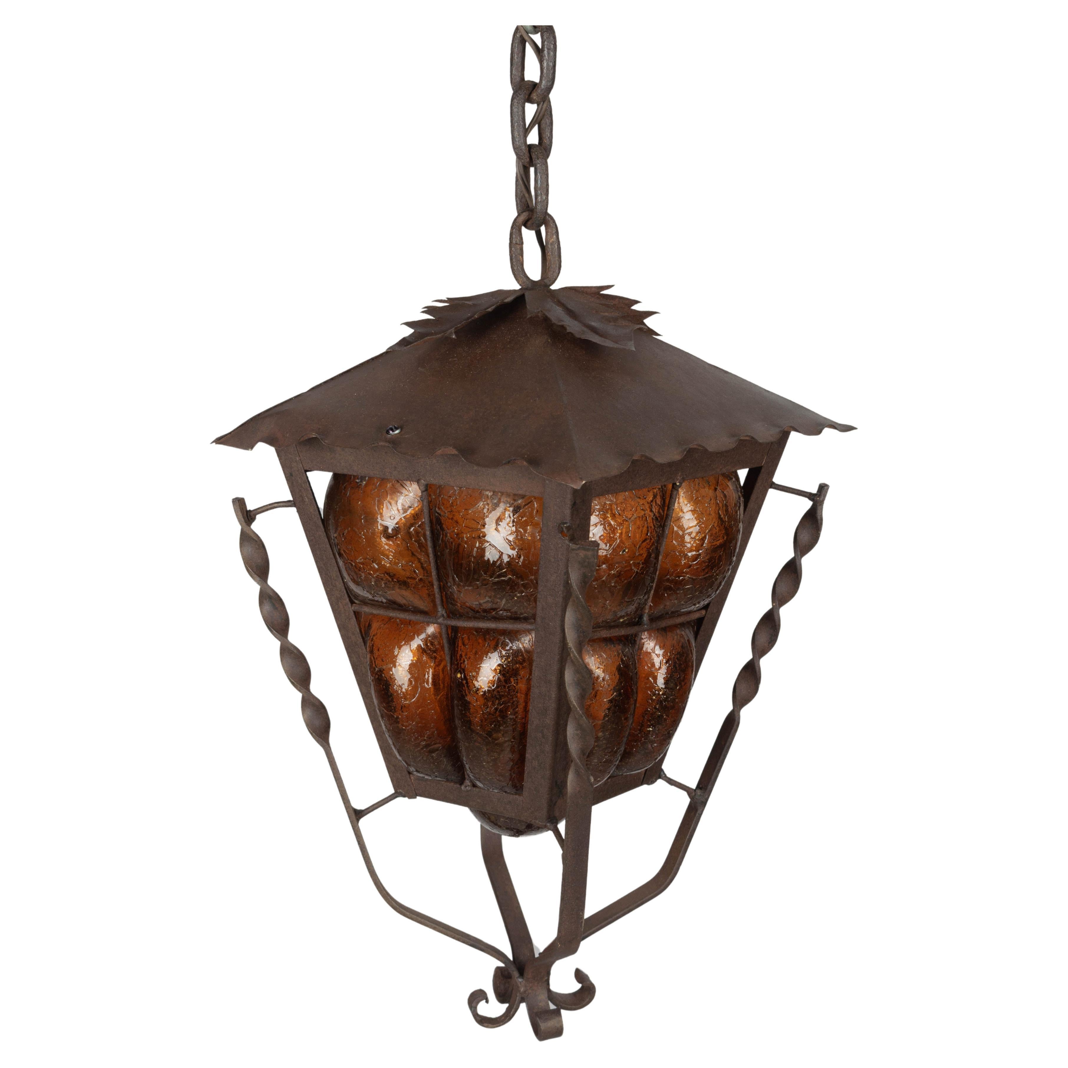 Mid Century Caged Glass Pendant Lantern For Sale