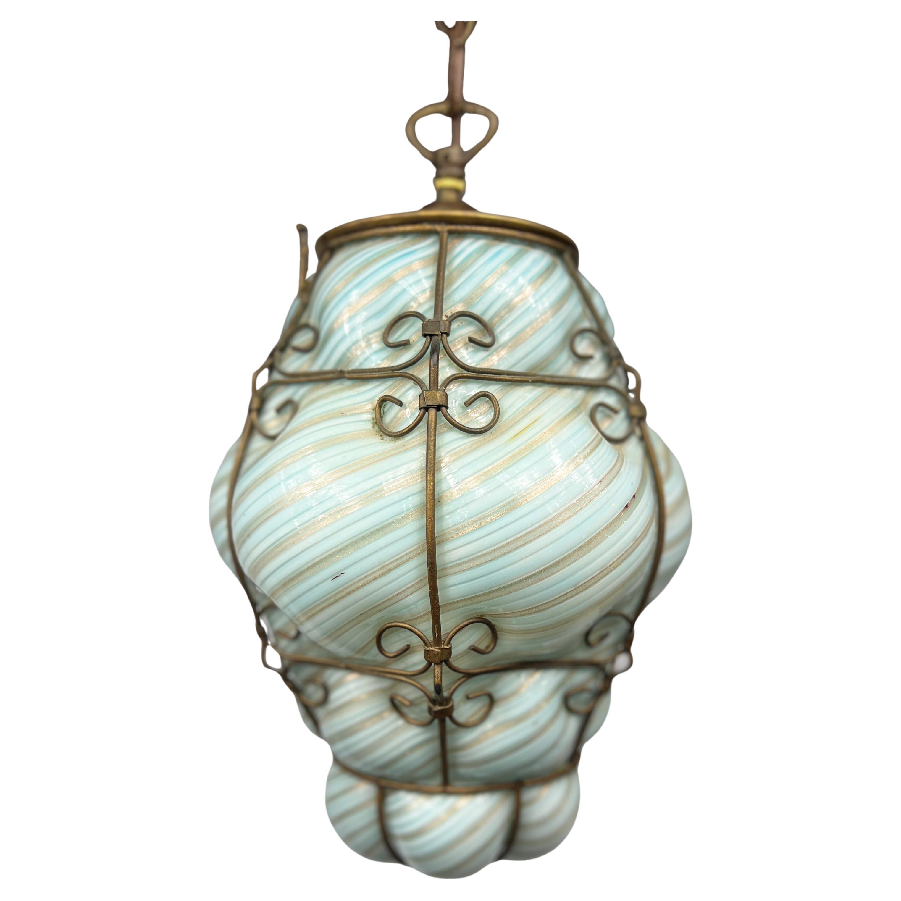 Mid Century Caged Murano Blown Out Reticello Pendant Chandelier