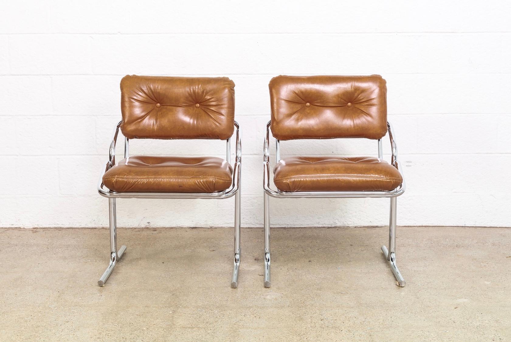 Mid-Century Modern Midcentury Cal-Style Chrome and Brown Naugahyde Side Chairs