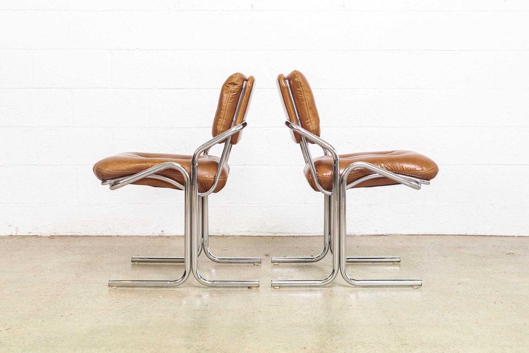 American Midcentury Cal-Style Chrome and Brown Naugahyde Side Chairs