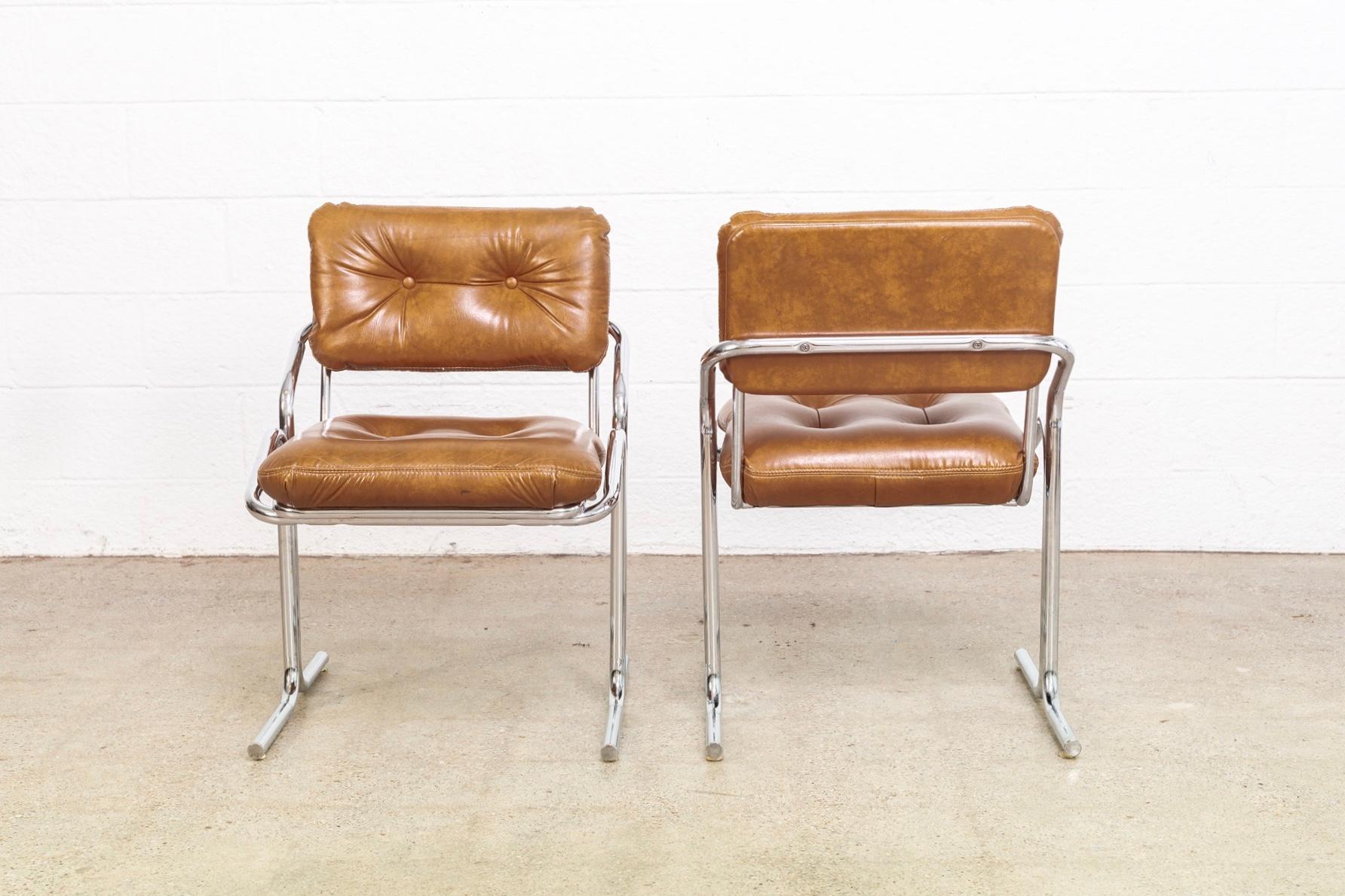 Midcentury Cal-Style Chrome and Brown Naugahyde Side Chairs In Good Condition In Detroit, MI