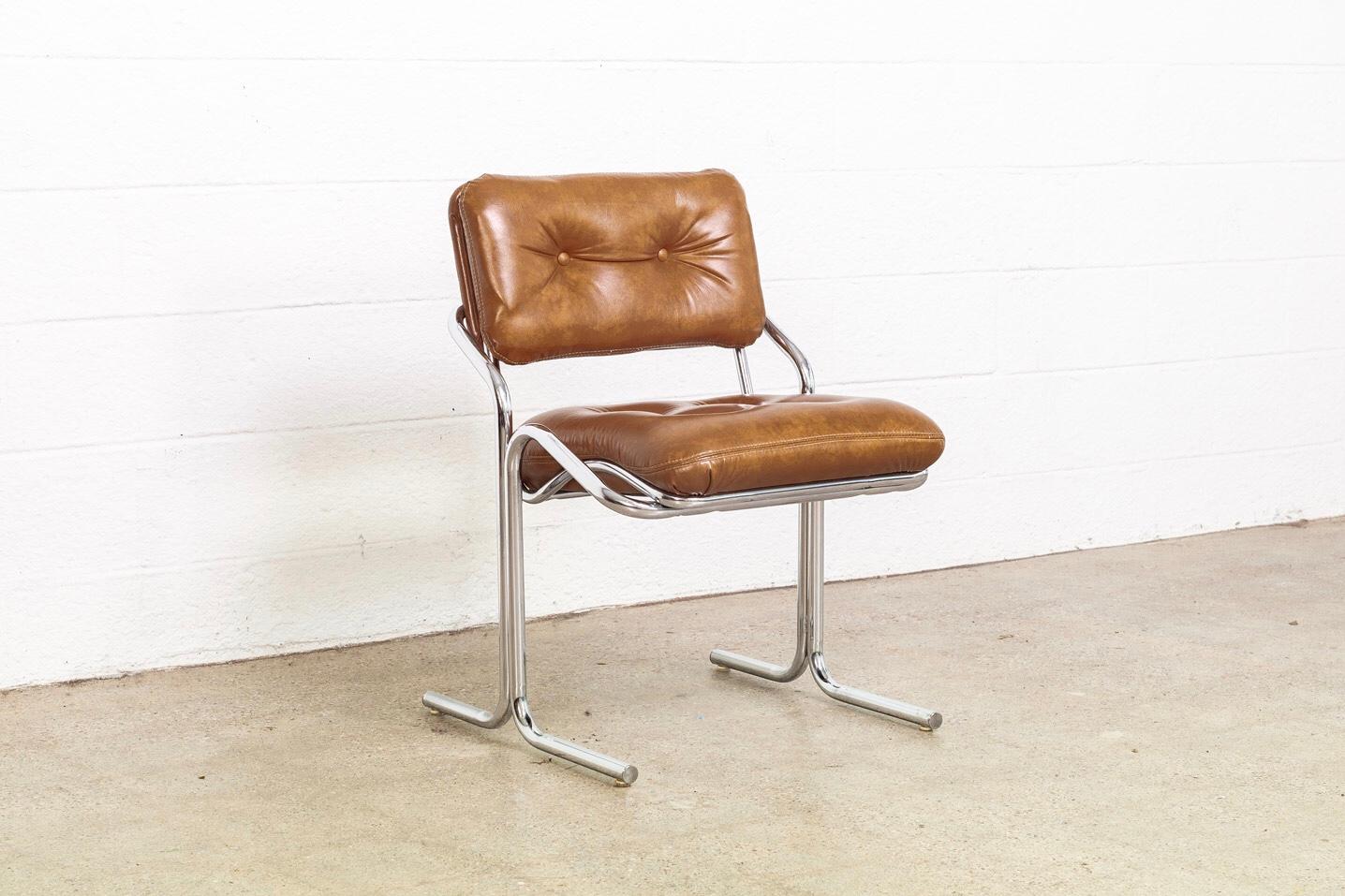 Late 20th Century Midcentury Cal-Style Chrome and Brown Naugahyde Side Chairs