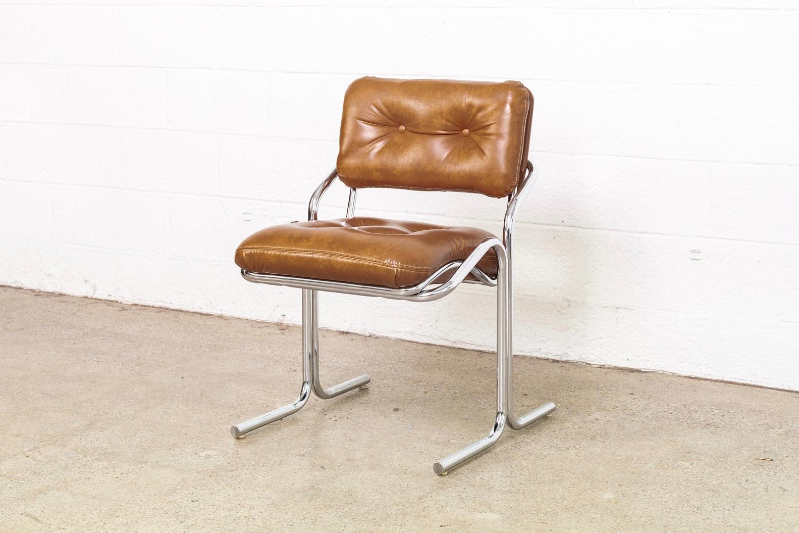 Midcentury Cal-Style Chrome and Brown Naugahyde Side Chairs 1