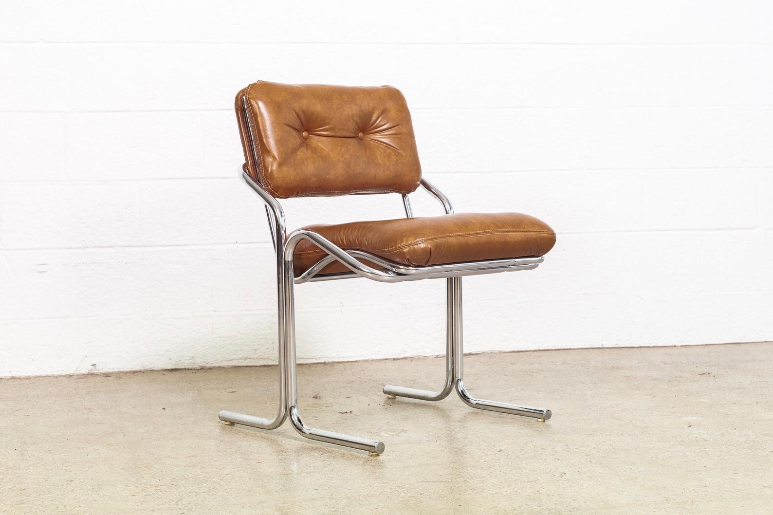 Midcentury Cal-Style Chrome and Brown Naugahyde Side Chairs 2
