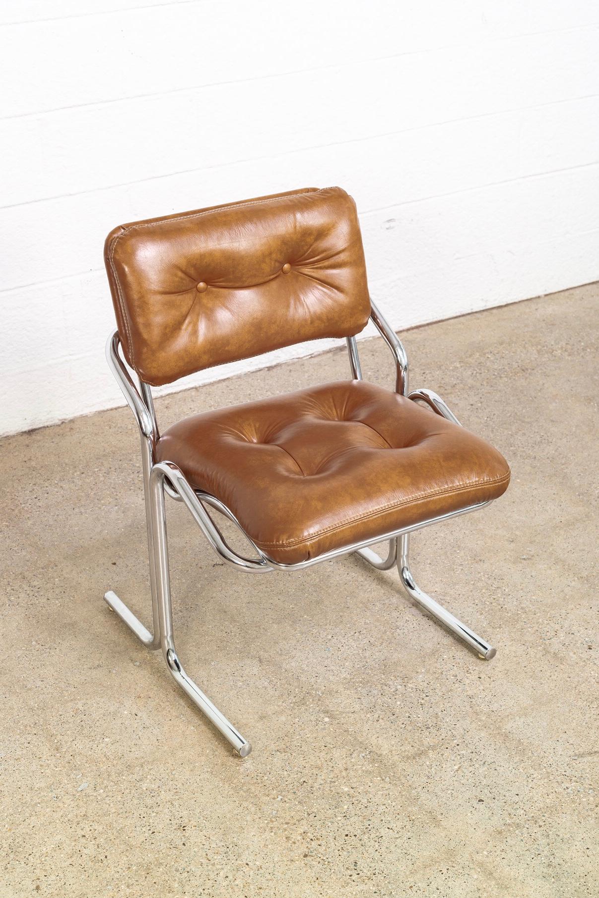 Midcentury Cal-Style Chrome and Brown Naugahyde Side Chairs 3