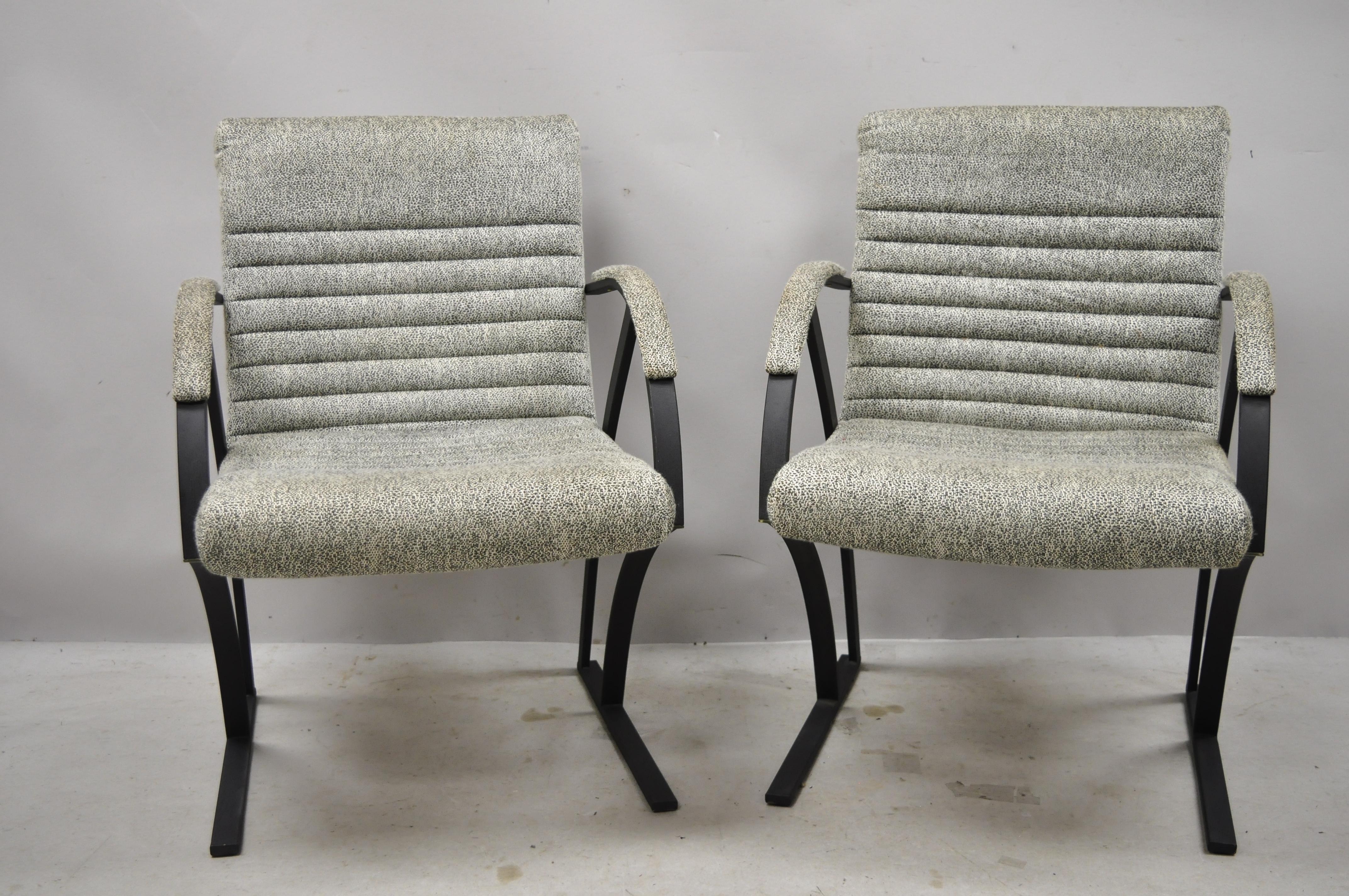 Mid Century Cal-Style Furniture Art Deco Metal Frame Lounge Arm Chairs B - Pair. Item features chanel back and seats, upholstered armrests, original label, clean modernist lines, sleek sculptural form. Circa Mid to Late 20th Century.
Measurements: