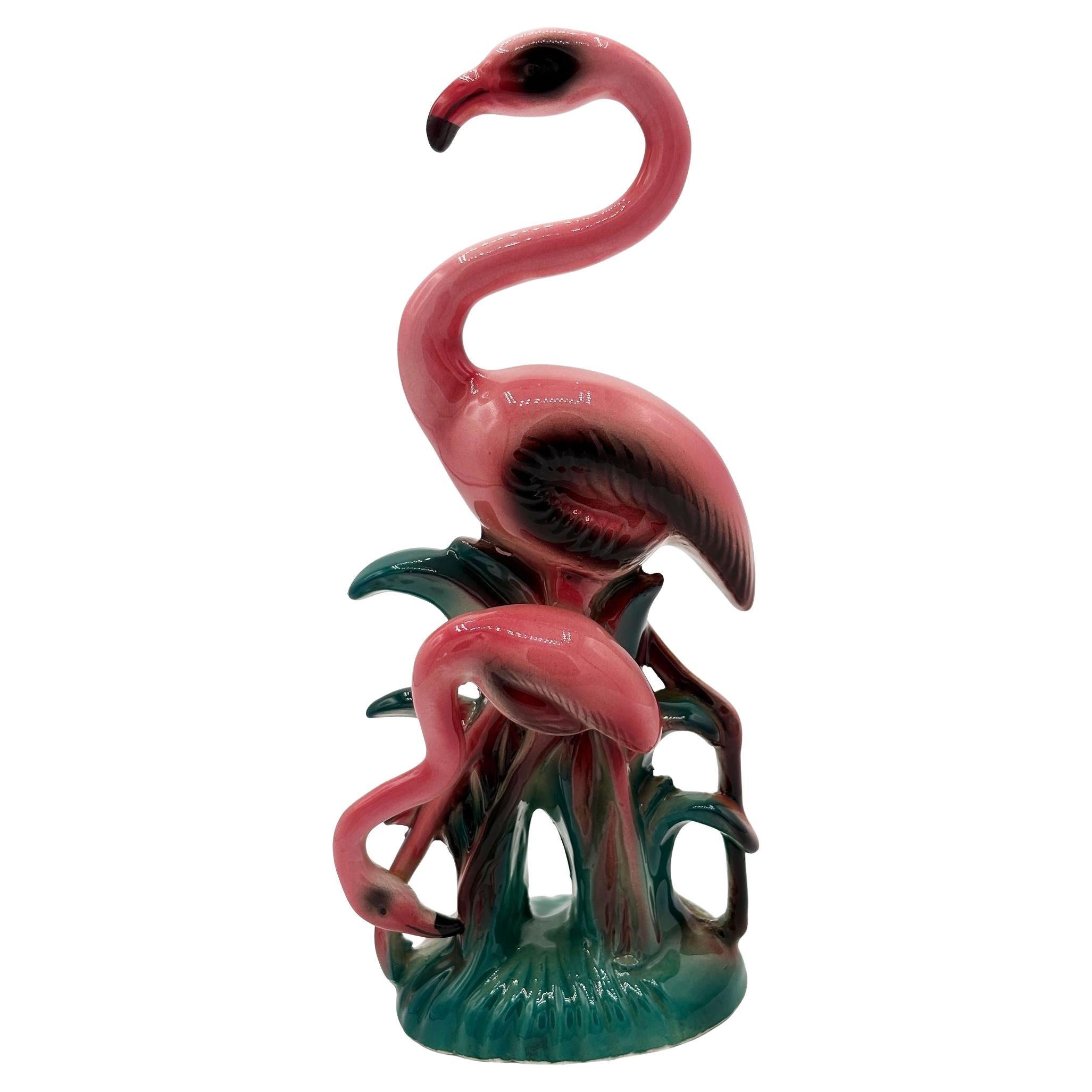 Mid-century Calfiornia Mother & Child Pink Flamingo Ceramic Tabletop Statue